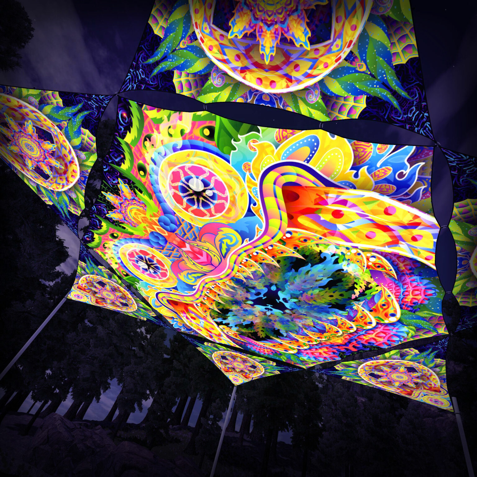 BR-HX01 Hexagon and 6 Triangles BR-TR02 - 3D-Preview - Forest - Psychedelic UV-Reactive Canopy – Ceiling Decoration
