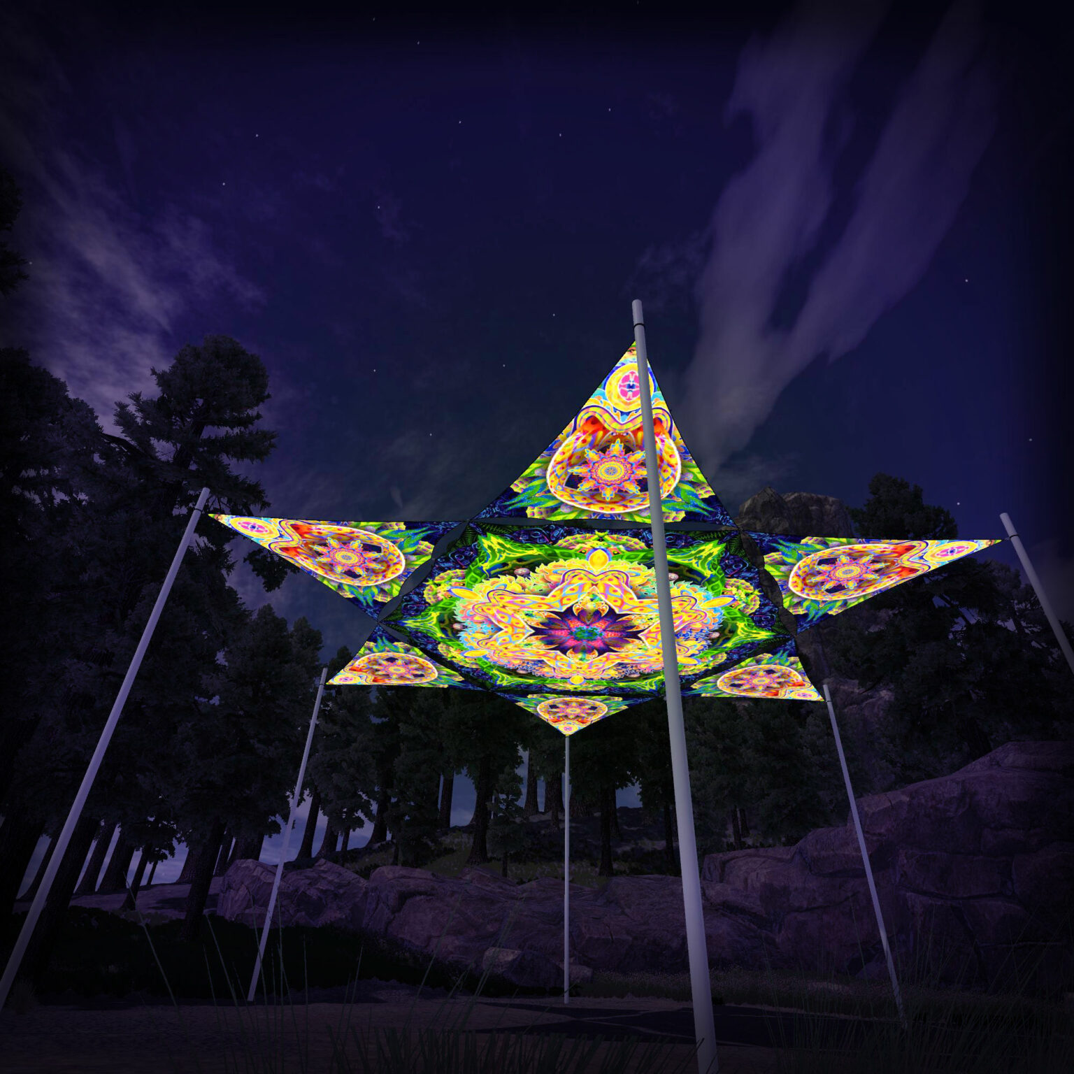 BR-HX03 Hexagon and 6 Triangles BR-TR02 - 3D-Preview - Forest - Psychedelic UV-Reactive Canopy – Ceiling Decoration