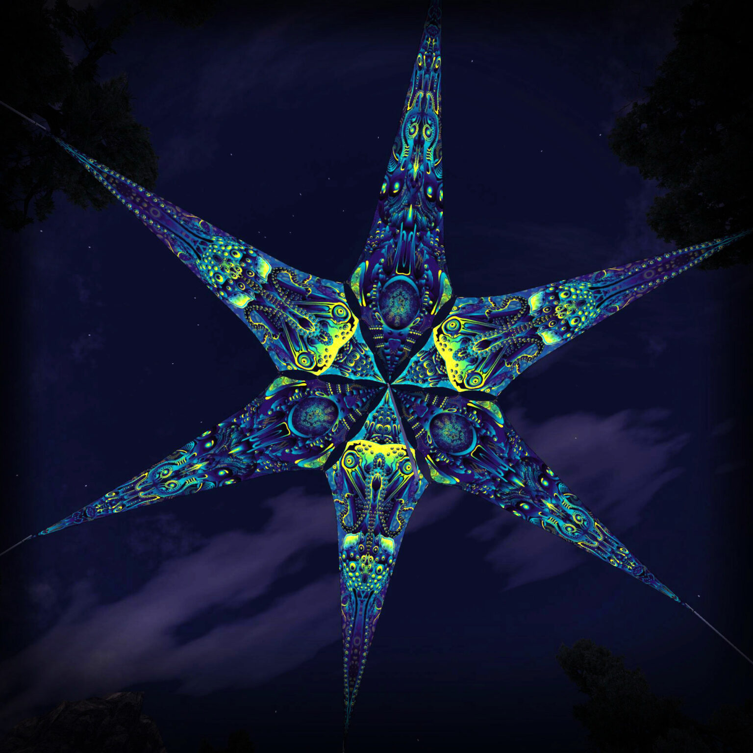 "Neuro Hybrid" and "Octo Bioforge" UV-Reactive Canopy Ceiling Decoration 6 Petals 3D-Preview