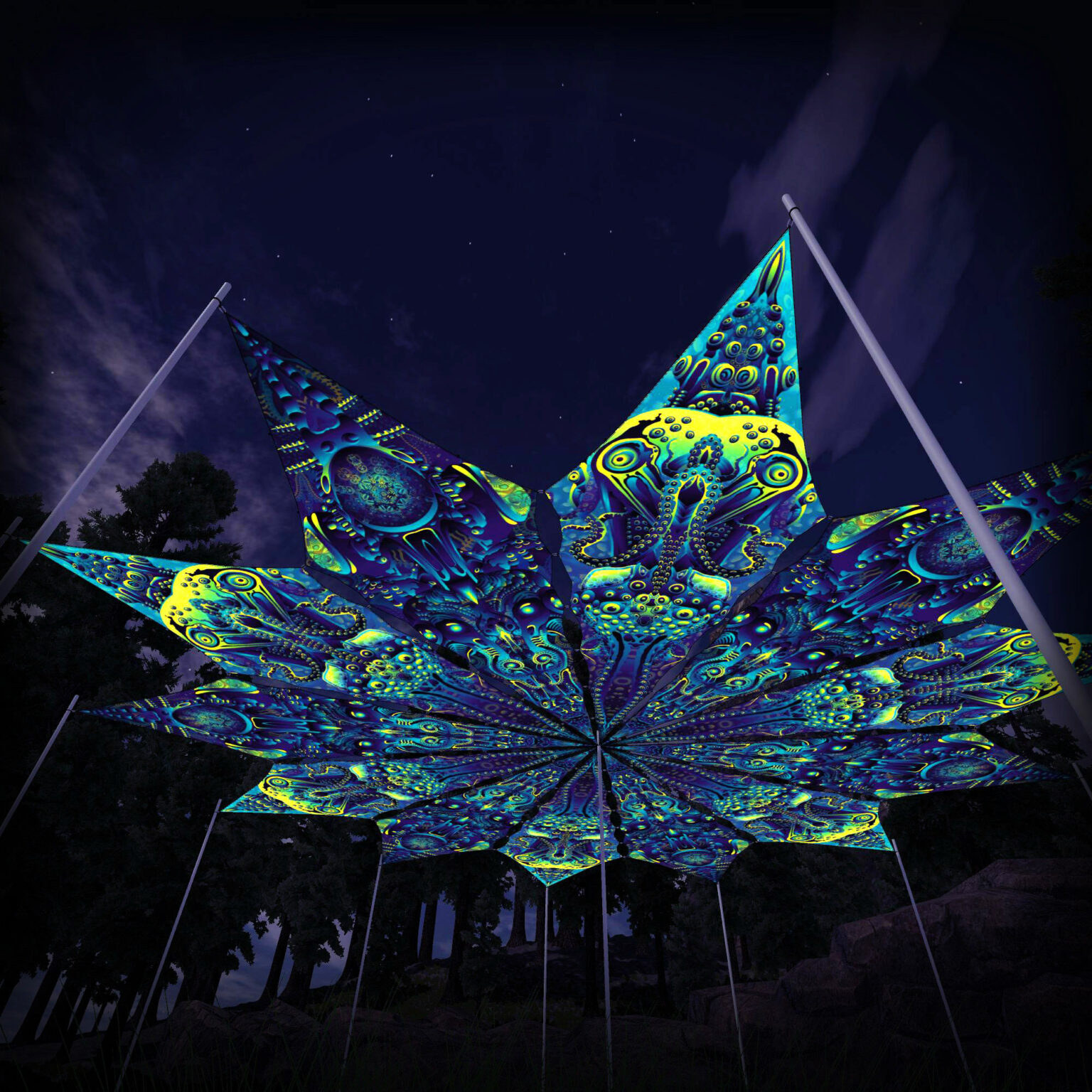 "Neuro Hybrid" and "Octo Bioforge" UV-Reactive Canopy Ceiling Decoration 12 Petals 3D-Preview