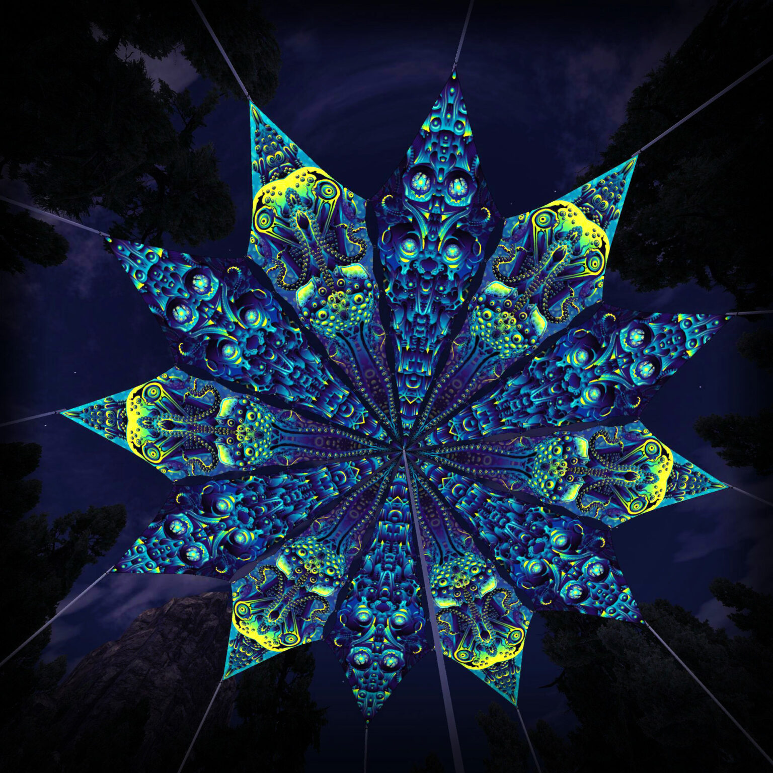 "Octo Bioforge" and "Cyber Nexus" UV-Reactive Canopy Ceiling Decoration 12 Petals 3D-Preview