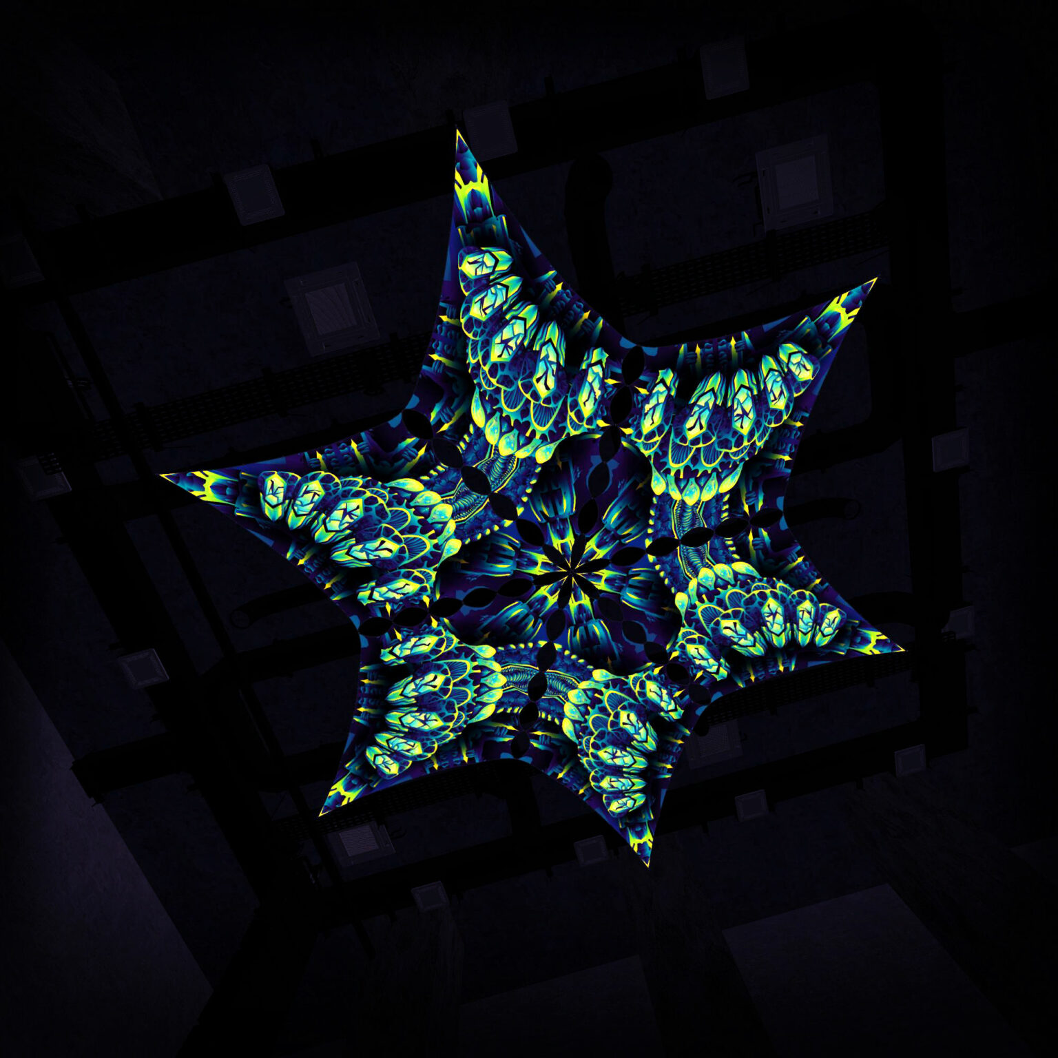 Hexagram "CP-DM01-R" and "CP-DM01-L" UV-Reactive Canopy Ceiling Decoration 6 UV-Diamonds 3D-Preview