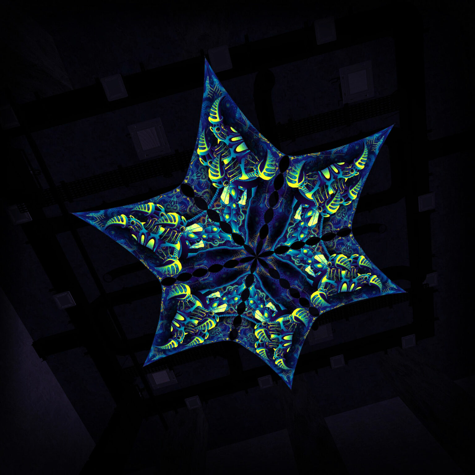 Hexagram "CP-DM02-R" and "CP-DM02-L" UV-Reactive Canopy Ceiling Decoration 6 UV-Diamonds 3D-Preview