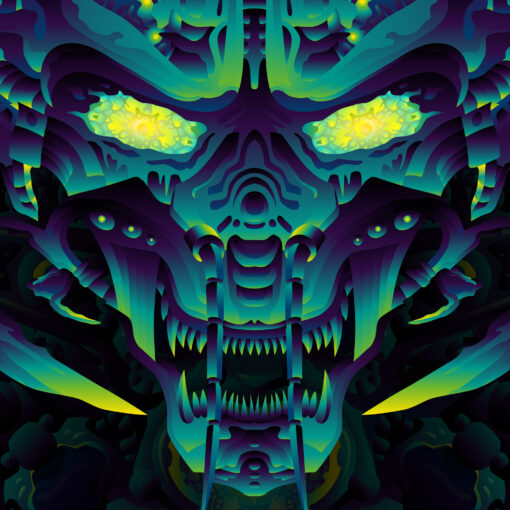 Cyber Nexus - Biomech Trippy Tapestry - Colorful UV Stoner Backdrop UV-Reactive Wall Art - Closeup