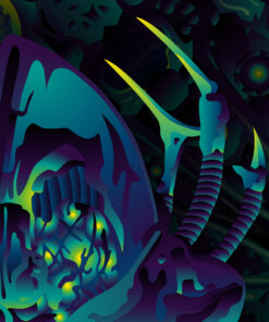 Cyber Nexus - Biomech Trippy Tapestry - Colorful UV Stoner Backdrop UV-Reactive Wall Art - Closeup
