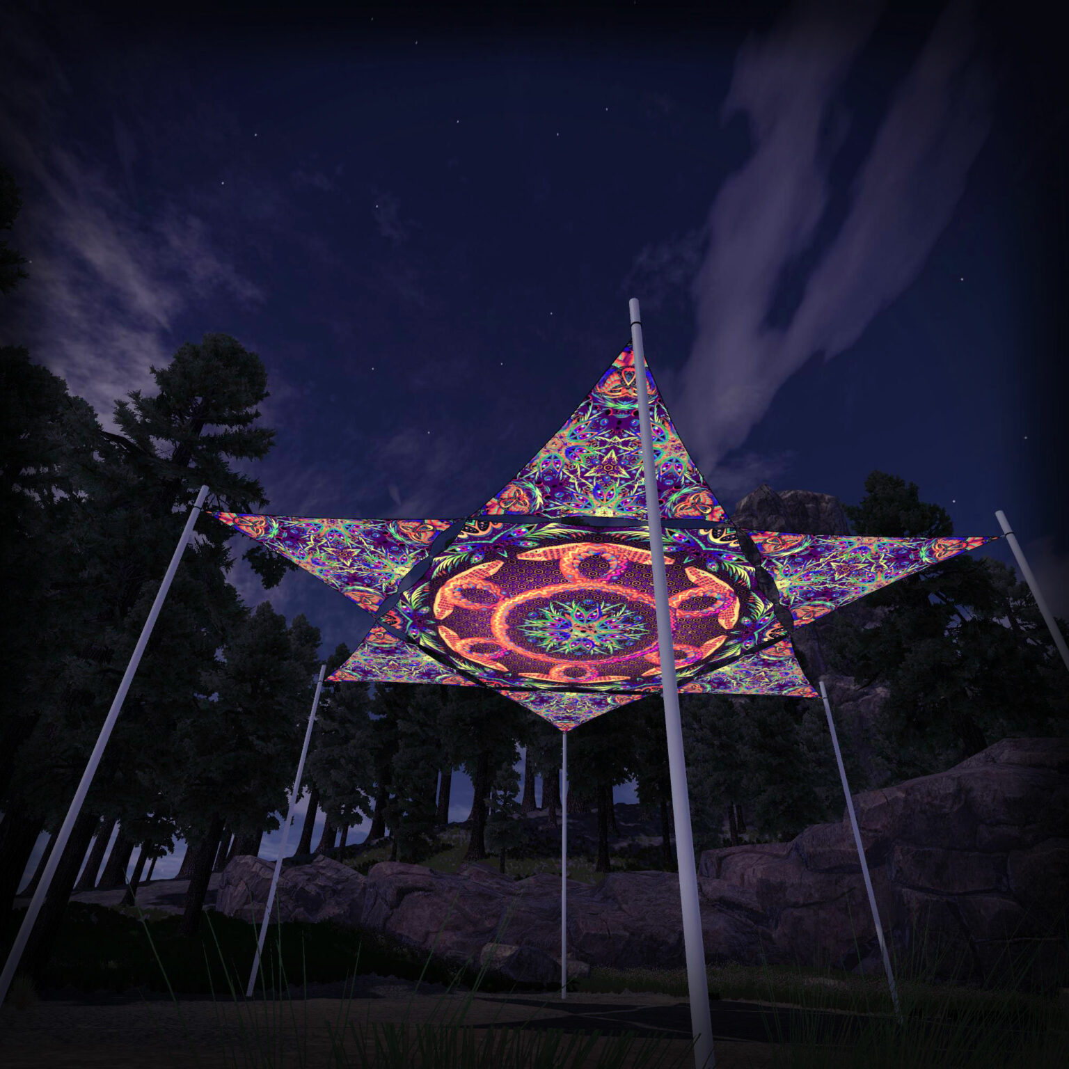 JS-HX01 Hexagon and 6 Triangles JS-TR02 - 3D-Preview - Forest - Psychedelic UV-Reactive Canopy – Ceiling Decoration