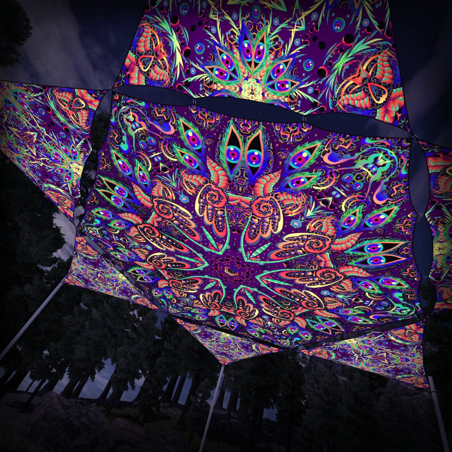 JS-HX02 Hexagon and 6 Triangles JS-TR02 - 3D-Preview - Forest - Psychedelic UV-Reactive Canopy – Ceiling Decoration