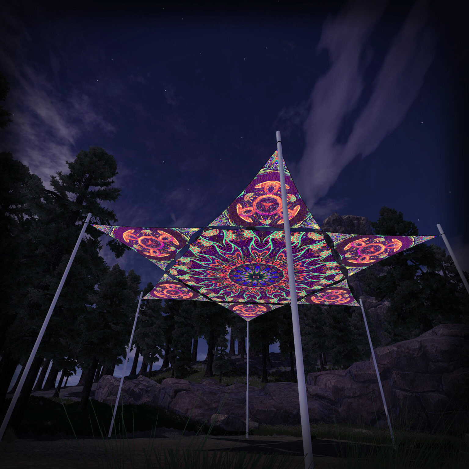 JS-HX03 Hexagon and 6 Triangles JS-TR01 - 3D-Preview - Forest - Psychedelic UV-Reactive Canopy – Ceiling Decoration
