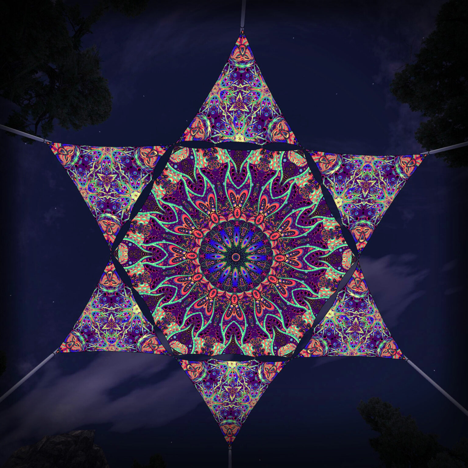 JS-HX03 Hexagon and 6 Triangles JS-TR02 - 3D-Preview - Forest - Psychedelic UV-Reactive Canopy – Ceiling Decoration