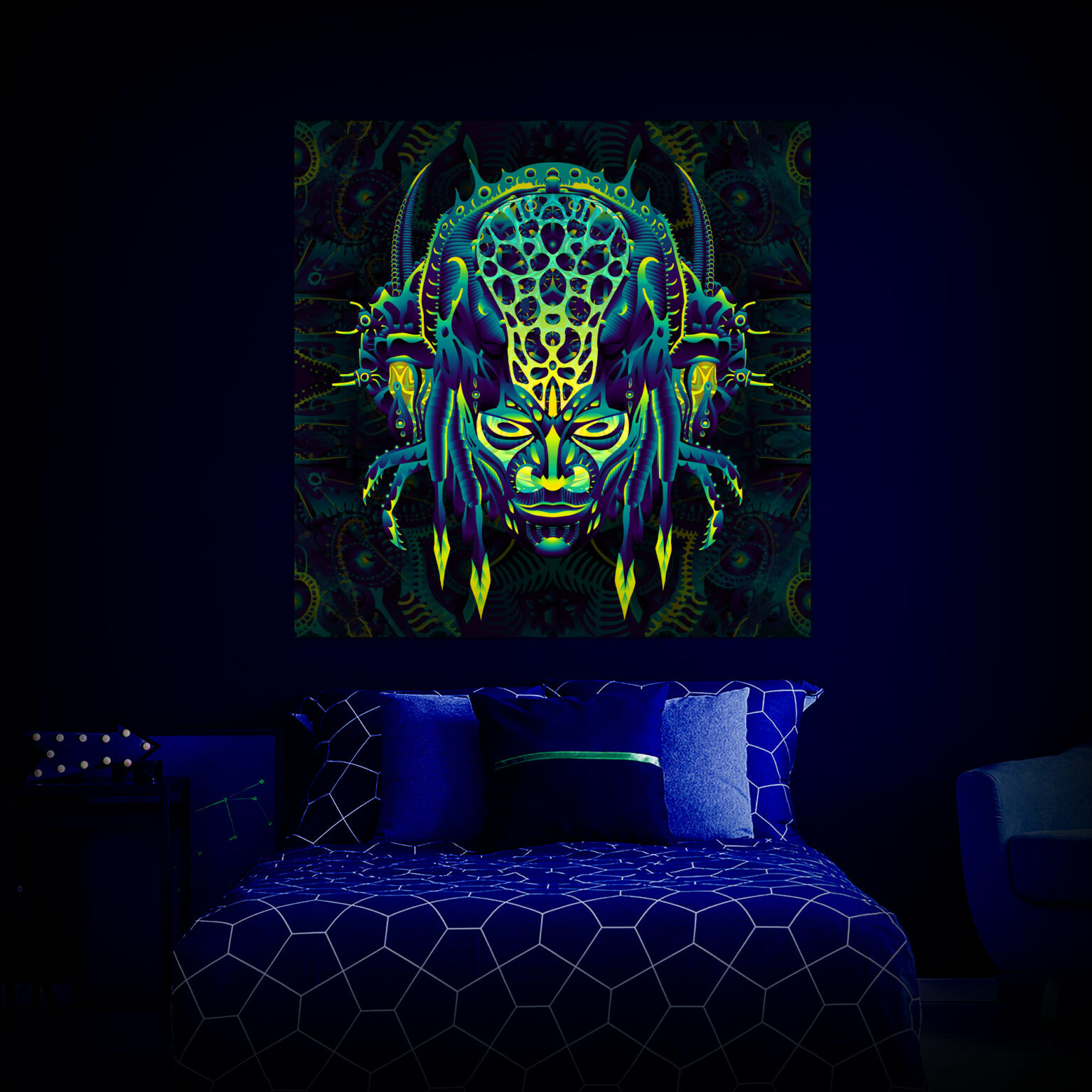 Neuro Hybrid - Biomech Trippy Tapestry - Colorful UV Stoner Backdrop UV-Reactive Wall Art - Bedroom Preview