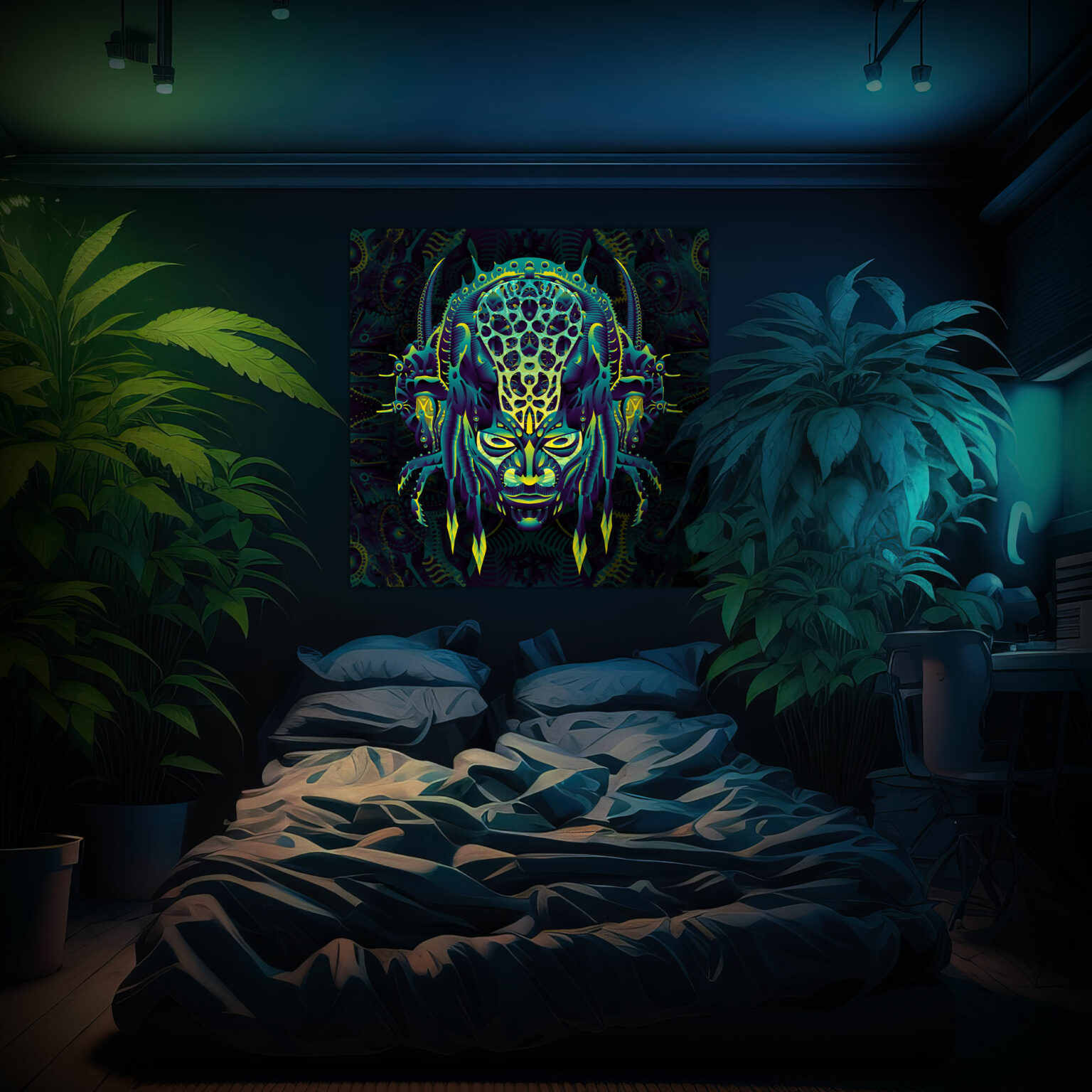 Neuro Hybrid - Biomech Trippy Tapestry - Colorful UV Stoner Backdrop UV-Reactive Wall Art - Bedroom Preview