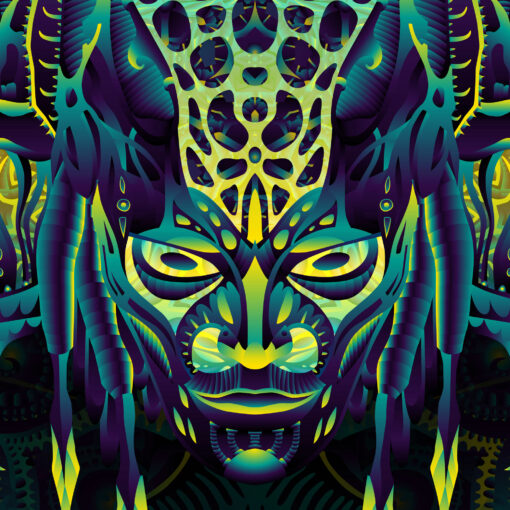 Neuro Hybrid - Biomech Trippy Tapestry - Colorful UV Stoner Backdrop UV-Reactive Wall Art - Closeup