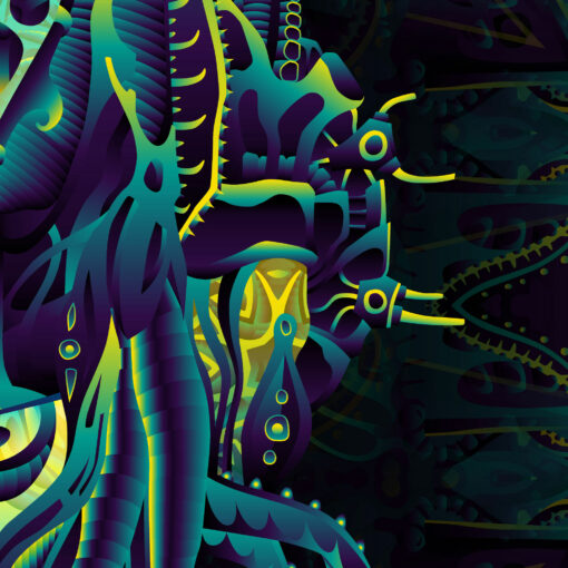 Neuro Hybrid - Biomech Trippy Tapestry - Colorful UV Stoner Backdrop UV-Reactive Wall Art - Closeup