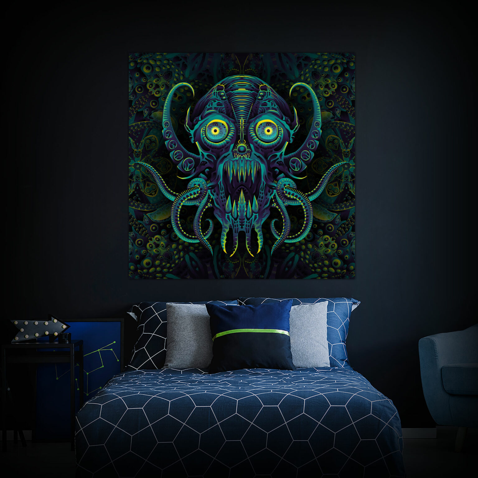 Octo Bioforge - Biomech Trippy Tapestry - Colorful UV Stoner Backdrop UV-Reactive Wall Art - Bedroom Preview