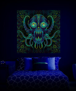 Octo Bioforge - Biomech Trippy Tapestry - Colorful UV Stoner Backdrop UV-Reactive Wall Art - Bedroom Preview