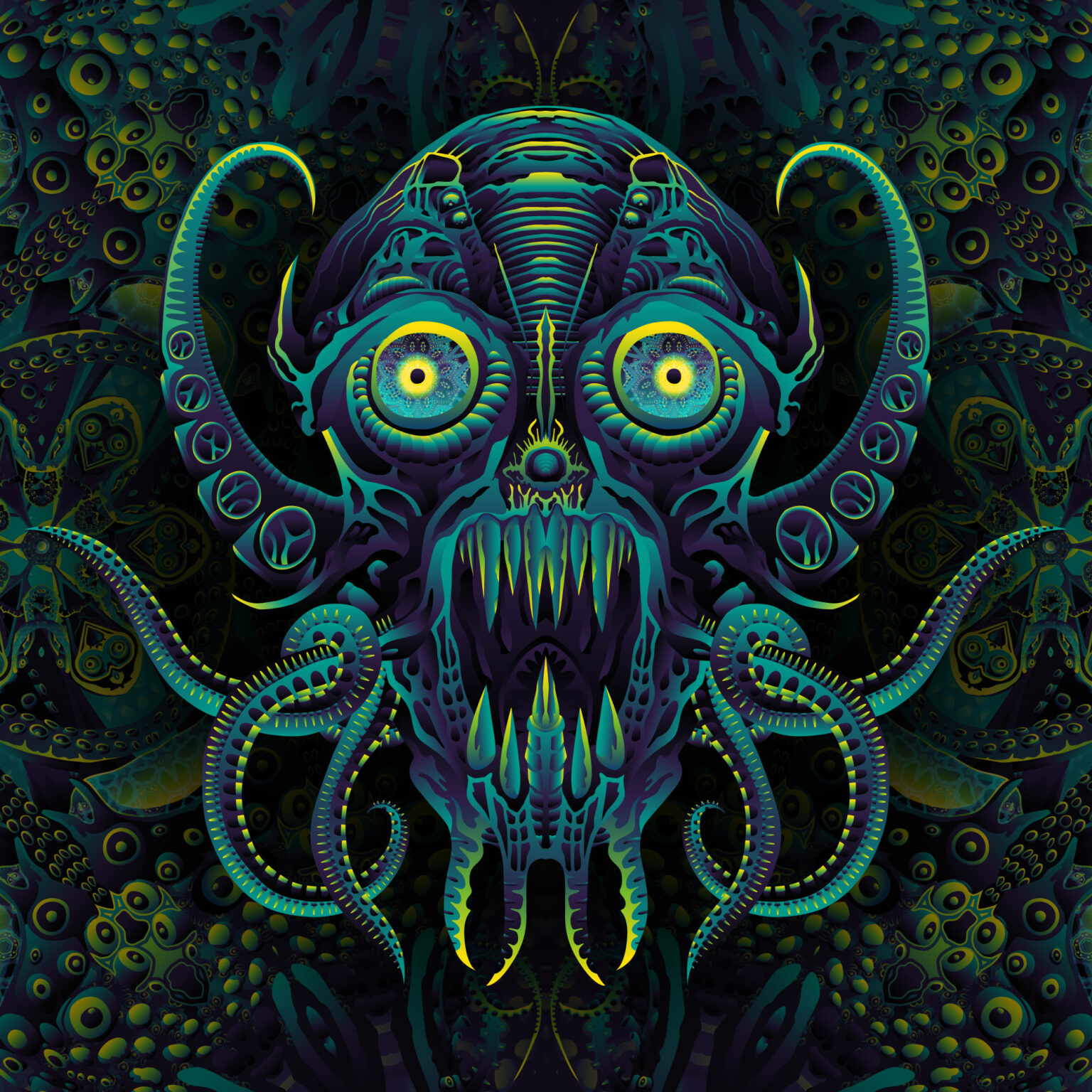 Octo Bioforge - Biomech Trippy Tapestry - Colorful UV Stoner Backdrop UV-Reactive Wall Art