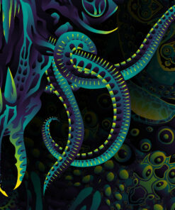 Octo Bioforge - Biomech Trippy Tapestry - Colorful UV Stoner Backdrop UV-Reactive Wall Art - Closeup