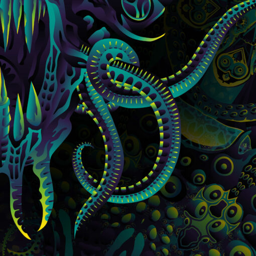 Octo Bioforge - Biomech Trippy Tapestry - Colorful UV Stoner Backdrop UV-Reactive Wall Art - Closeup