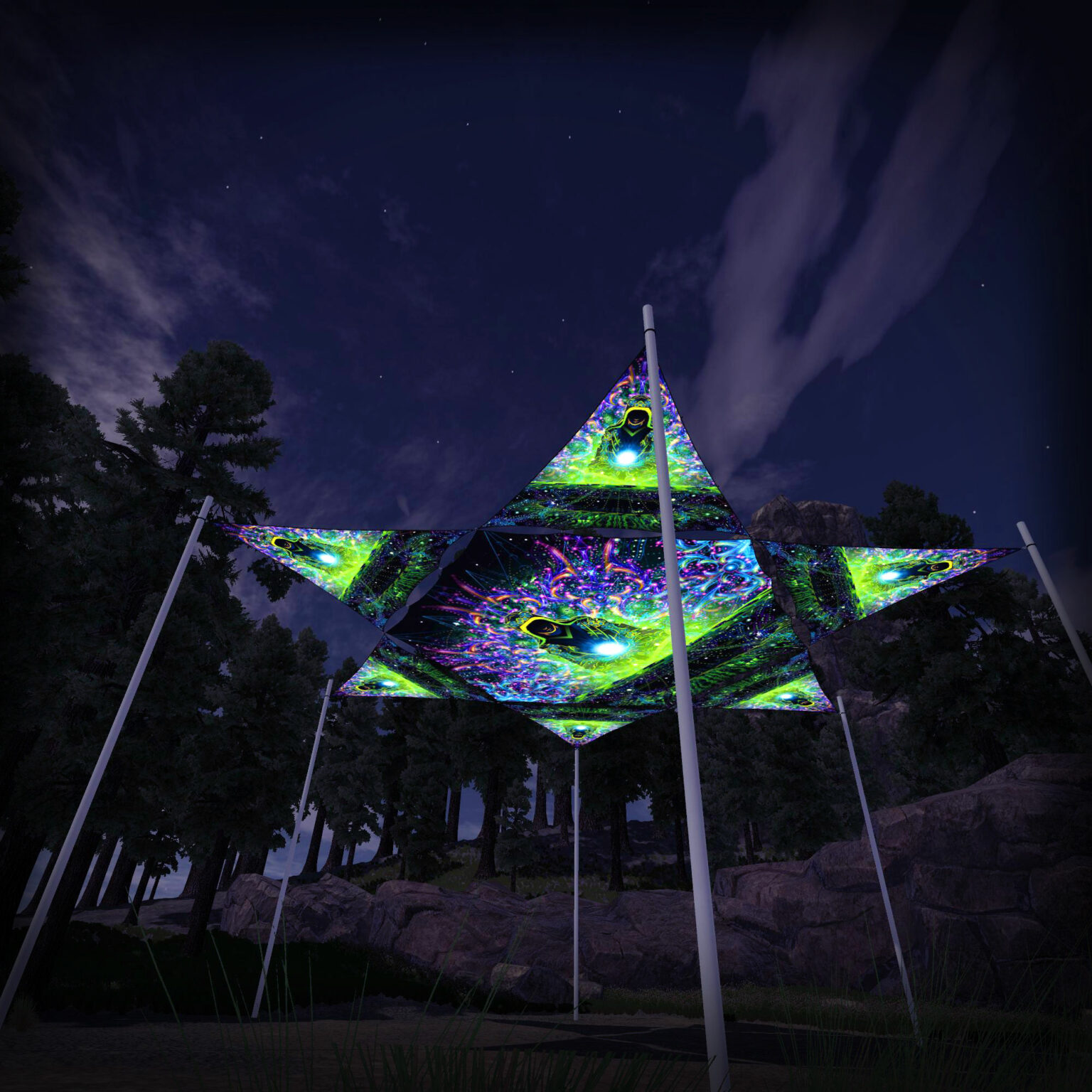EN-HX01 Hexagon and 6 Triangles EN-TR01 - 3D-Preview - Forest - Psychedelic UV-Reactive Canopy – Ceiling Decoration