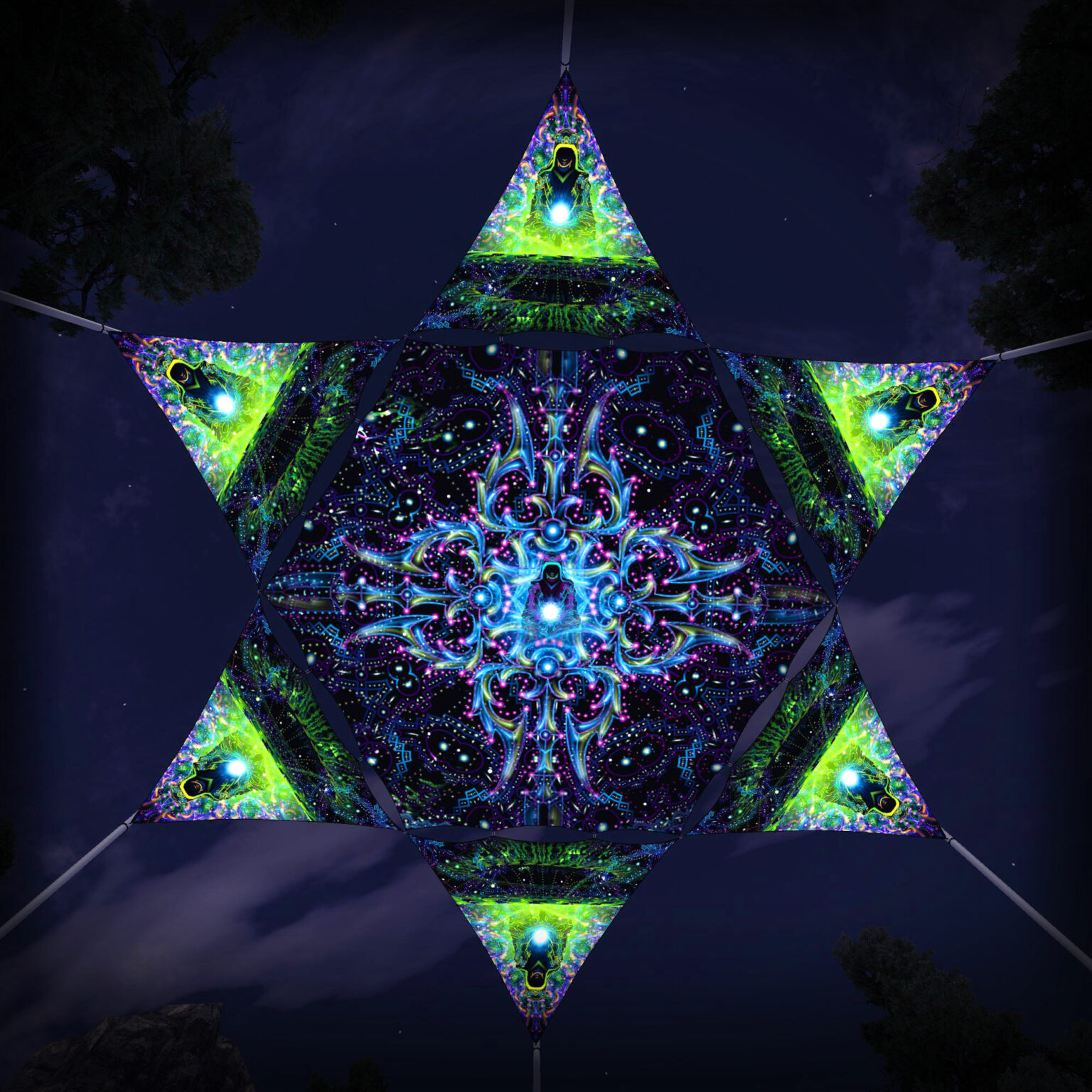 EN-HX02 Hexagon and 6 Triangles EN-TR01 - 3D-Preview - Forest - Psychedelic UV-Reactive Canopy – Ceiling Decoration