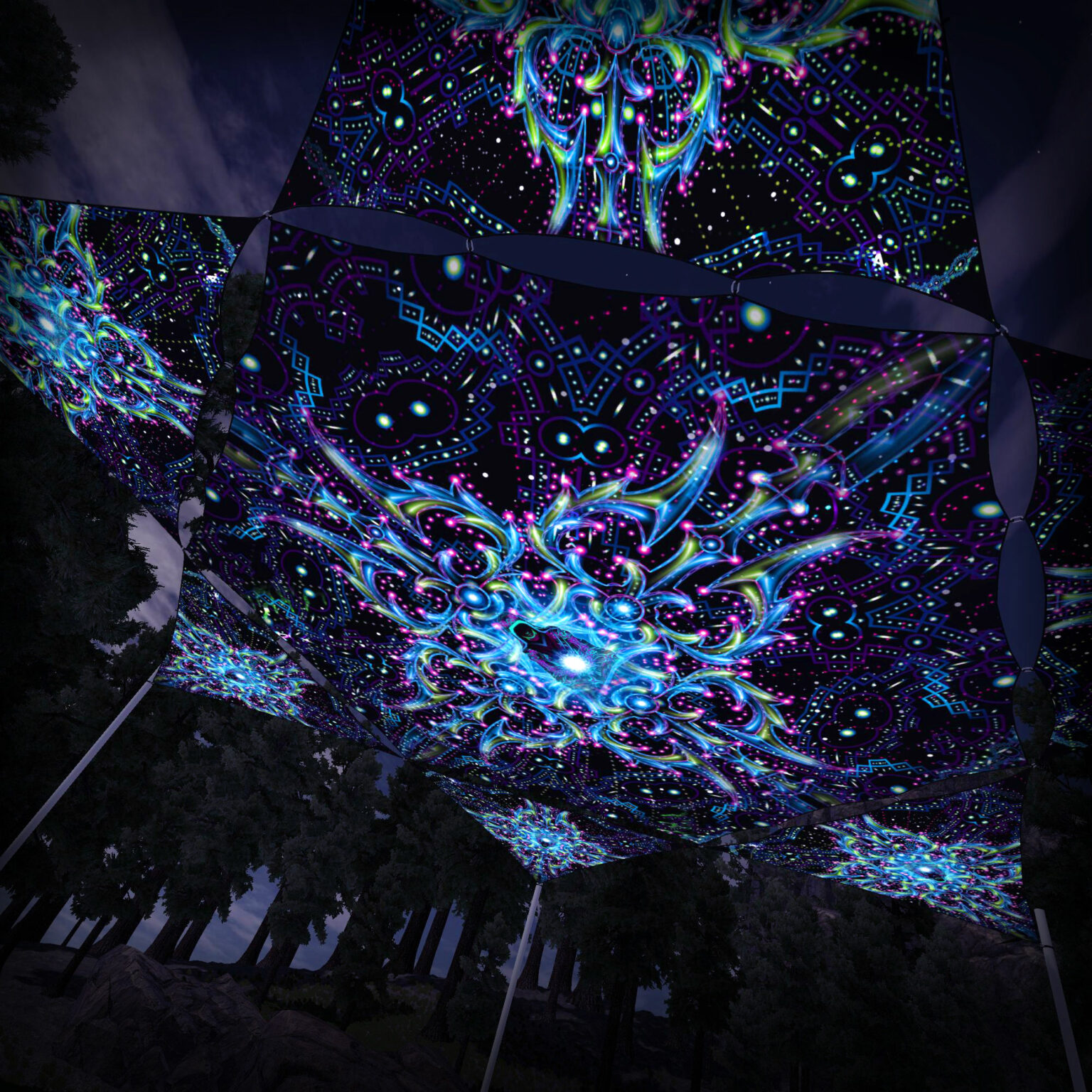 EN-HX02 Hexagon and 6 Triangles EN-TR02 - 3D-Preview - Forest - Psychedelic UV-Reactive Canopy – Ceiling Decoration