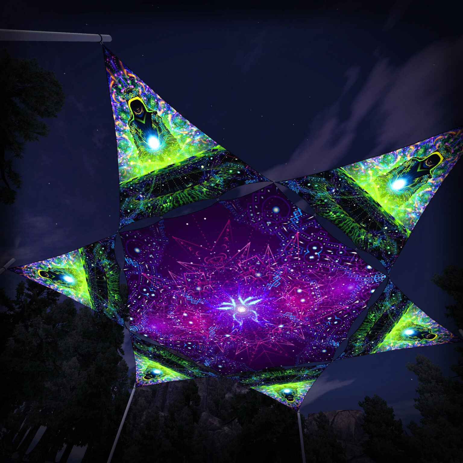 EN-HX03 Hexagon and 6 Triangles EN-TR01 - 3D-Preview - Forest - Psychedelic UV-Reactive Canopy – Ceiling Decoration