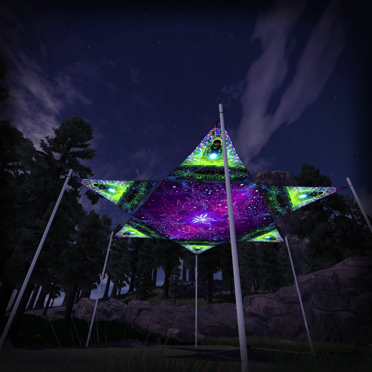 EN-HX03 Hexagon and 6 Triangles EN-TR01 - 3D-Preview - Forest - Psychedelic UV-Reactive Canopy – Ceiling Decoration