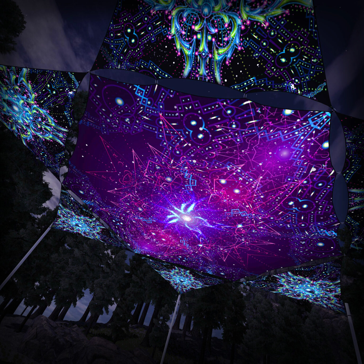 EN-HX03 Hexagon and 6 Triangles EN-TR02 - 3D-Preview - Forest - Psychedelic UV-Reactive Canopy – Ceiling Decoration