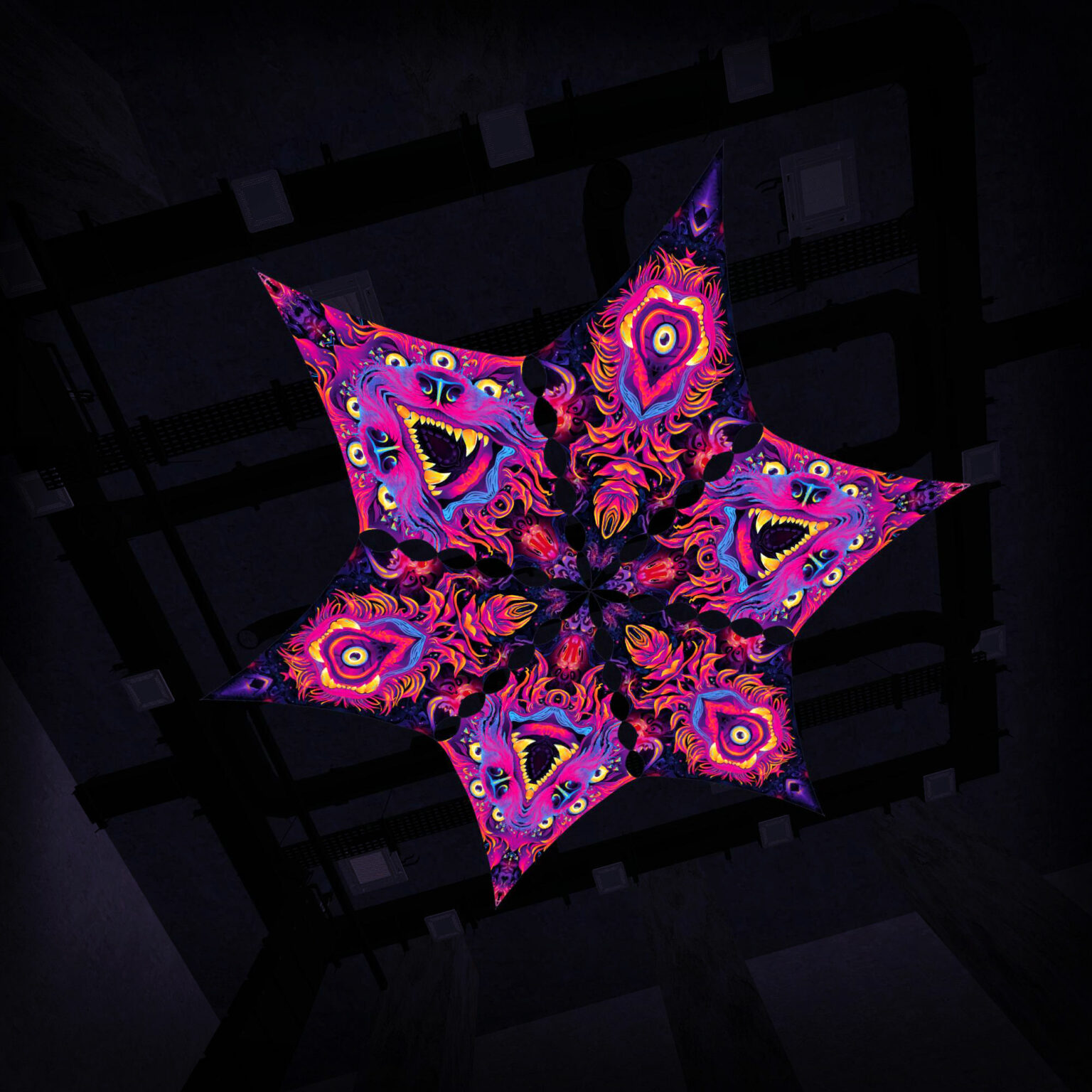 Hexagram "ES-DM02"&"ES-DM03" UV-Reactive Canopy Ceiling Decoration 6 UV-Diamonds 3D-Preview