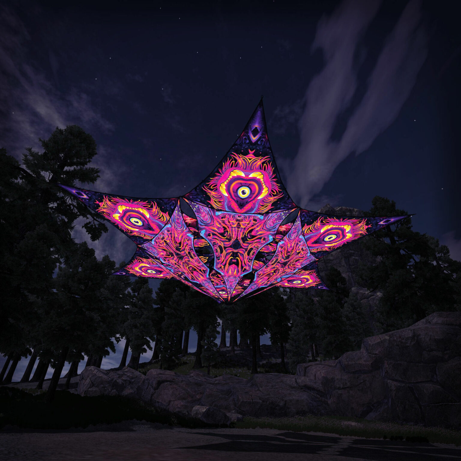 Enchanted Shadows - Hexagram and Pyramid - ES-HXP09 - UV-Canopy - Psychedelic Party Decoration - 3D-Preview