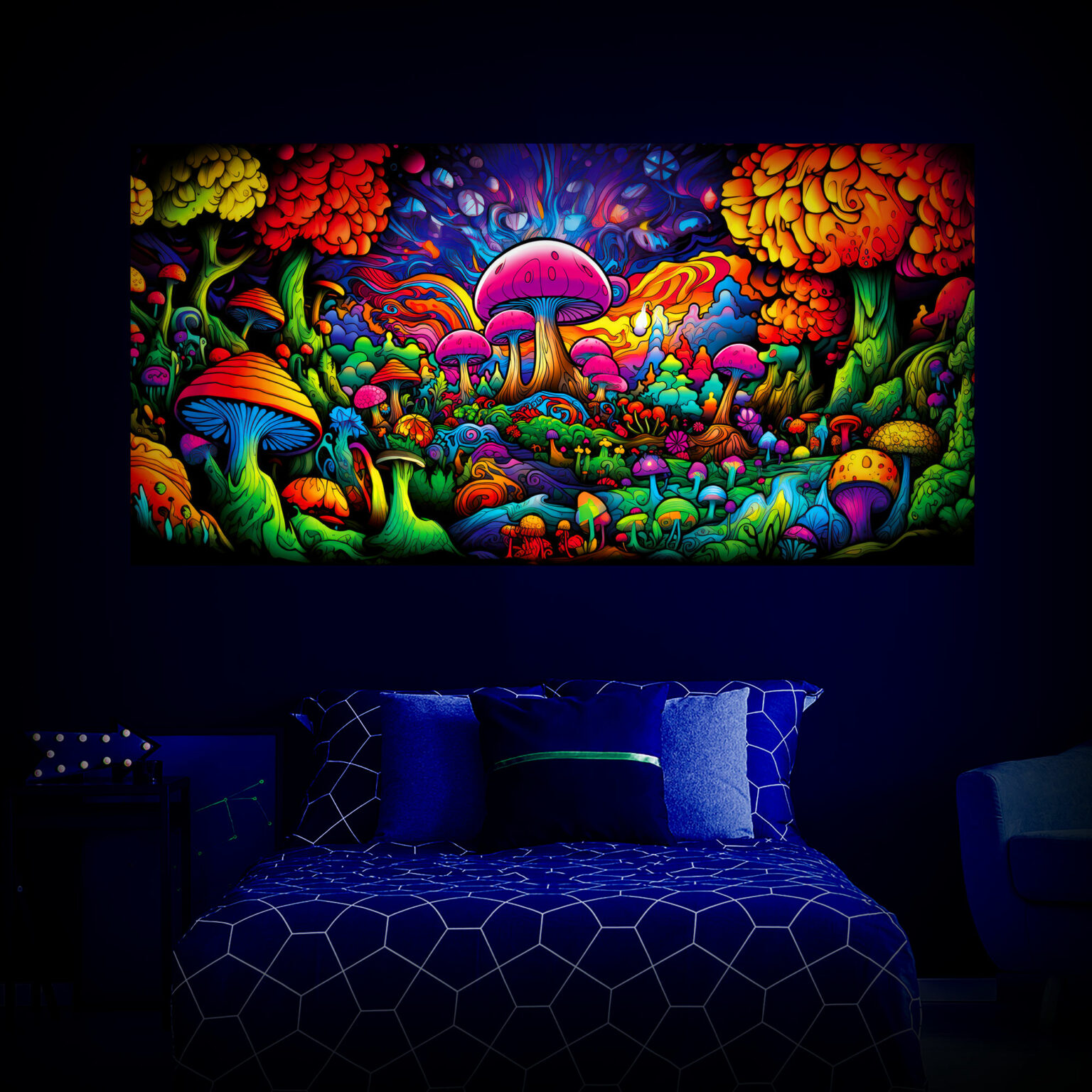 Magic Mushroom Wall Hanging, Psychedelic Backdrop Trippy Art, Blacklight Fluorescent UV Colorful, Party Decor, Bedroom Decor Stoner Gifts 11 - Bedroom Preview