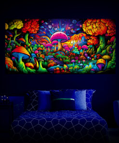 Magic Mushroom Wall Hanging, Psychedelic Backdrop Trippy Art, Blacklight Fluorescent UV Colorful, Party Decor, Bedroom Decor Stoner Gifts 11 - Bedroom Preview