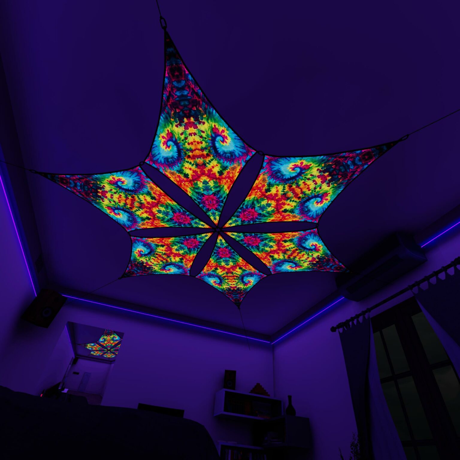 TD-DM01 - Tie-Dye Style Ceiling Decoration - 3D-Preview Bedroom - UV-Light