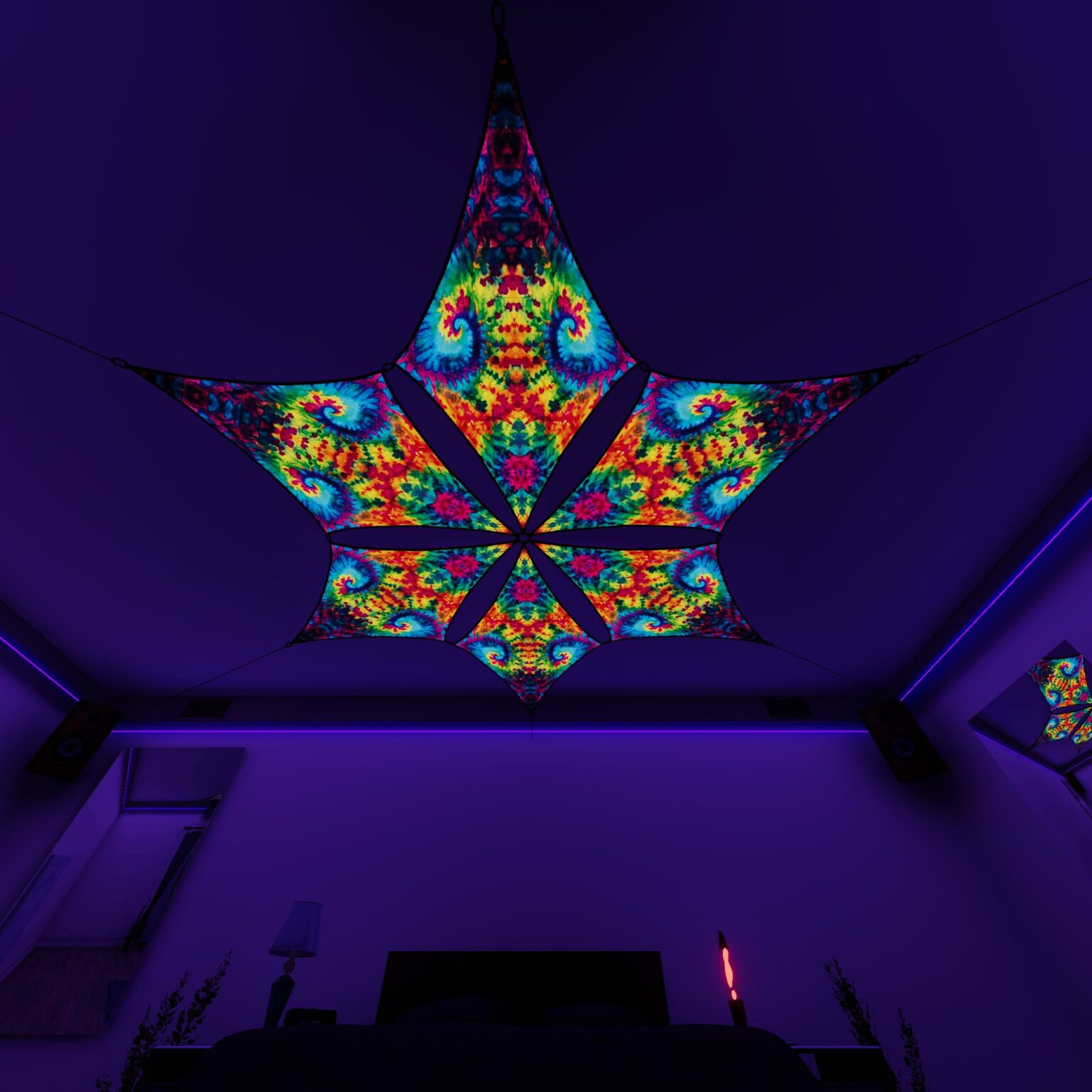 TD-DM01 - Tie-Dye Style Ceiling Decoration - 3D-Preview Bedroom - UV-Light