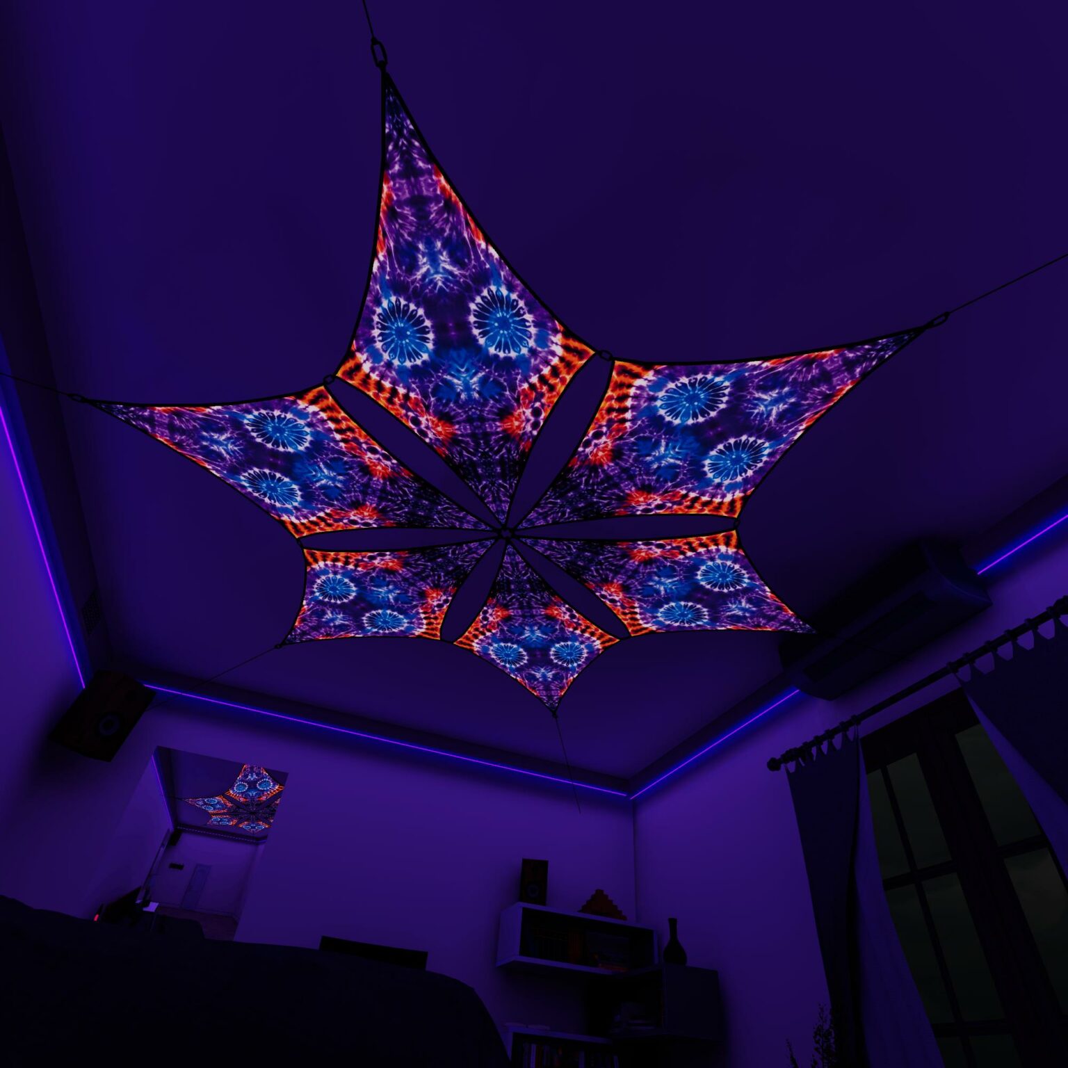 TD-DM02 - Tie-Dye Style Ceiling Decoration - 3D-Preview Bedroom - UV-Light