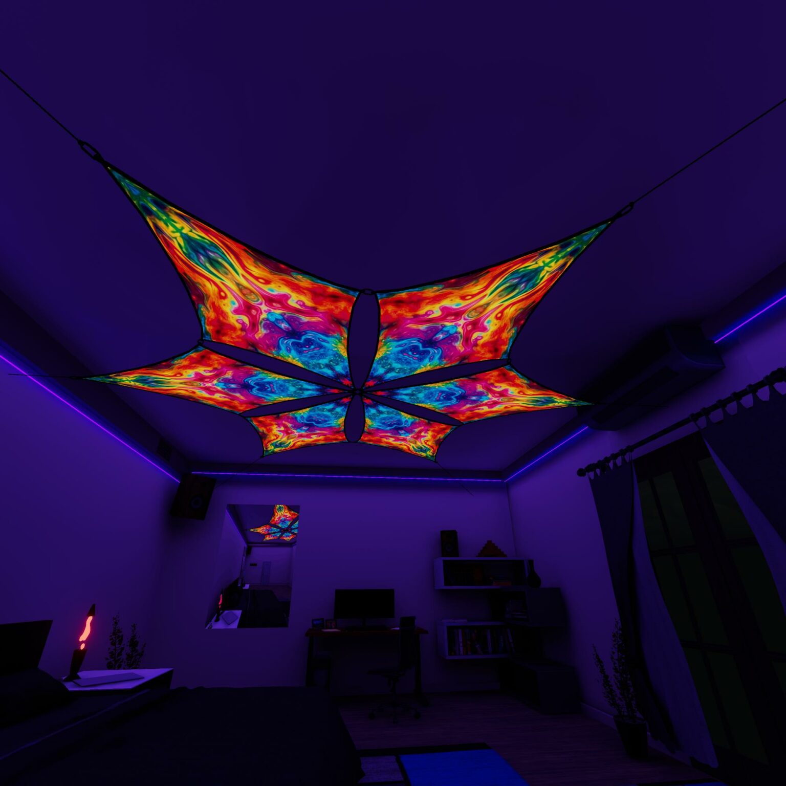 TD-DM03 - Tie-Dye Style Ceiling Decoration - 3D-Preview Bedroom - UV-Light