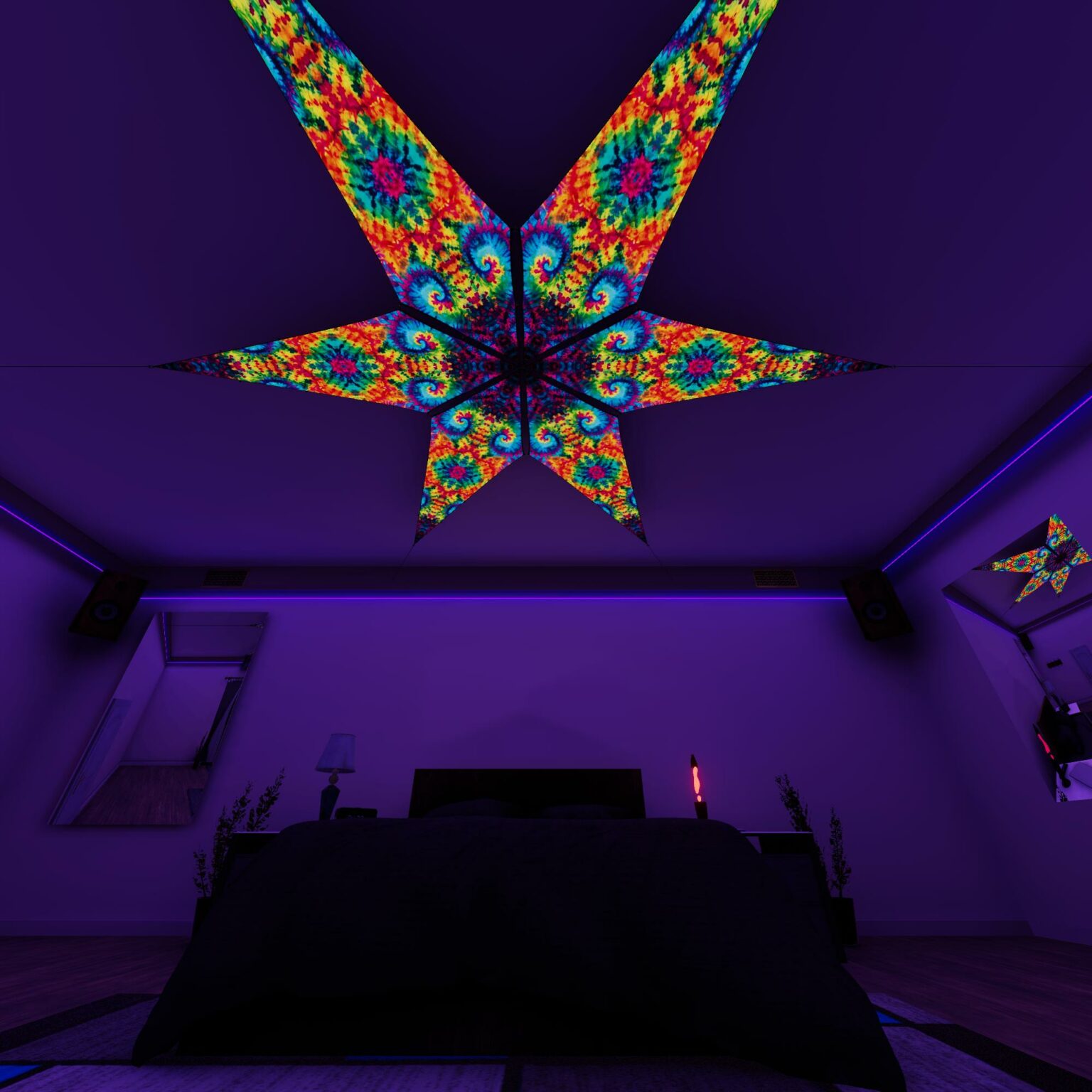 TD-PT01 - Tie-Dye Style Ceiling Decoration - 3D-Preview Bedroom - UV-Light