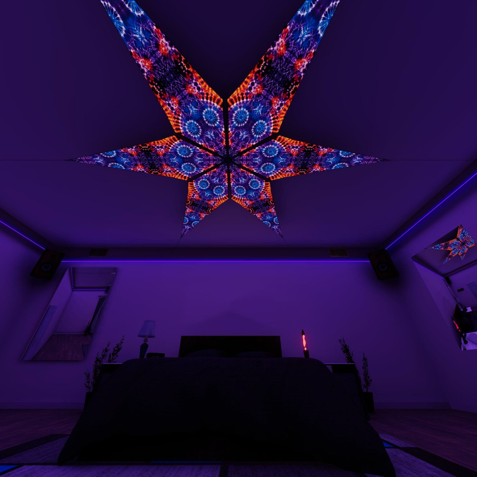 TD-PT02 - Tie-Dye Style Ceiling Decoration - 3D-Preview Bedroom - UV-Light