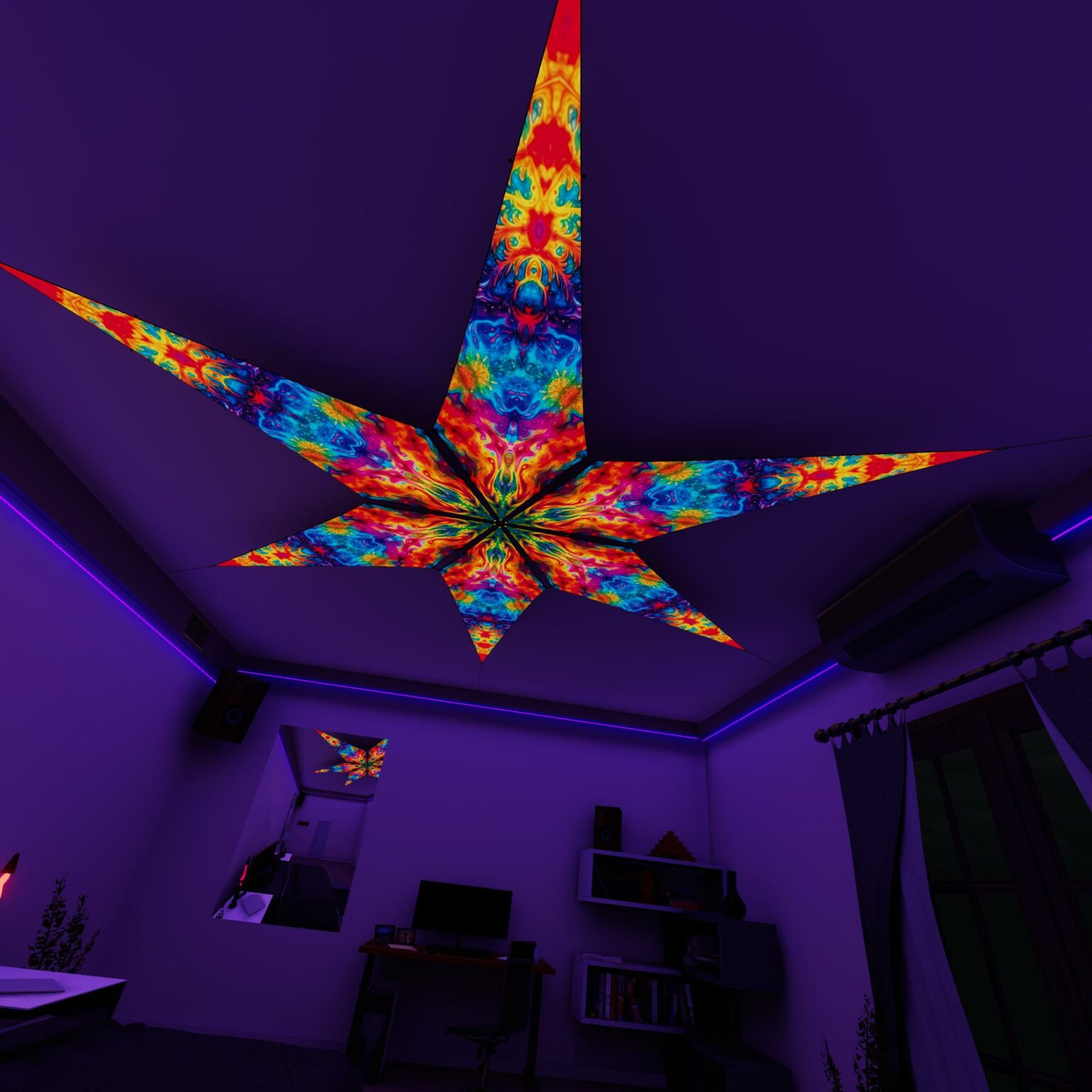 TD-PT03 - Tie-Dye Style Ceiling Decoration - 3D-Preview Bedroom - UV-Light