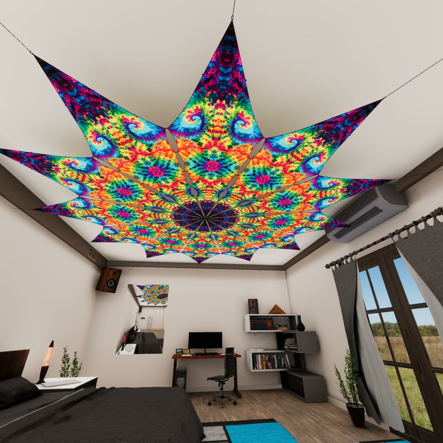 TD-PT01 - Tie-Dye Style Ceiling Decoration - 12 petals set - 3D-Preview Bedroom - Daylight