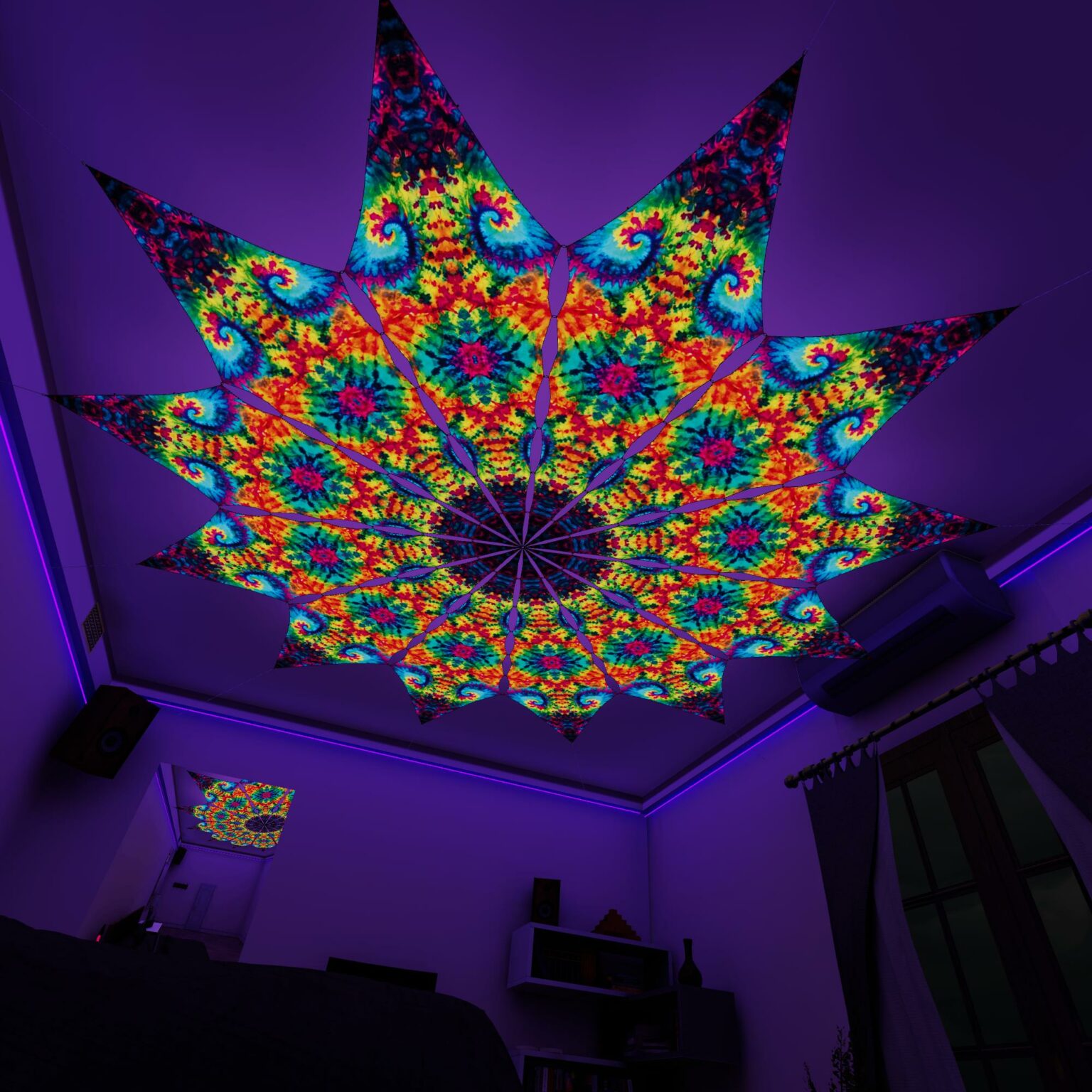 TD-PT01 - Tie-Dye Style Ceiling Decoration - 12 petals set - 3D-Preview Bedroom - UV-light