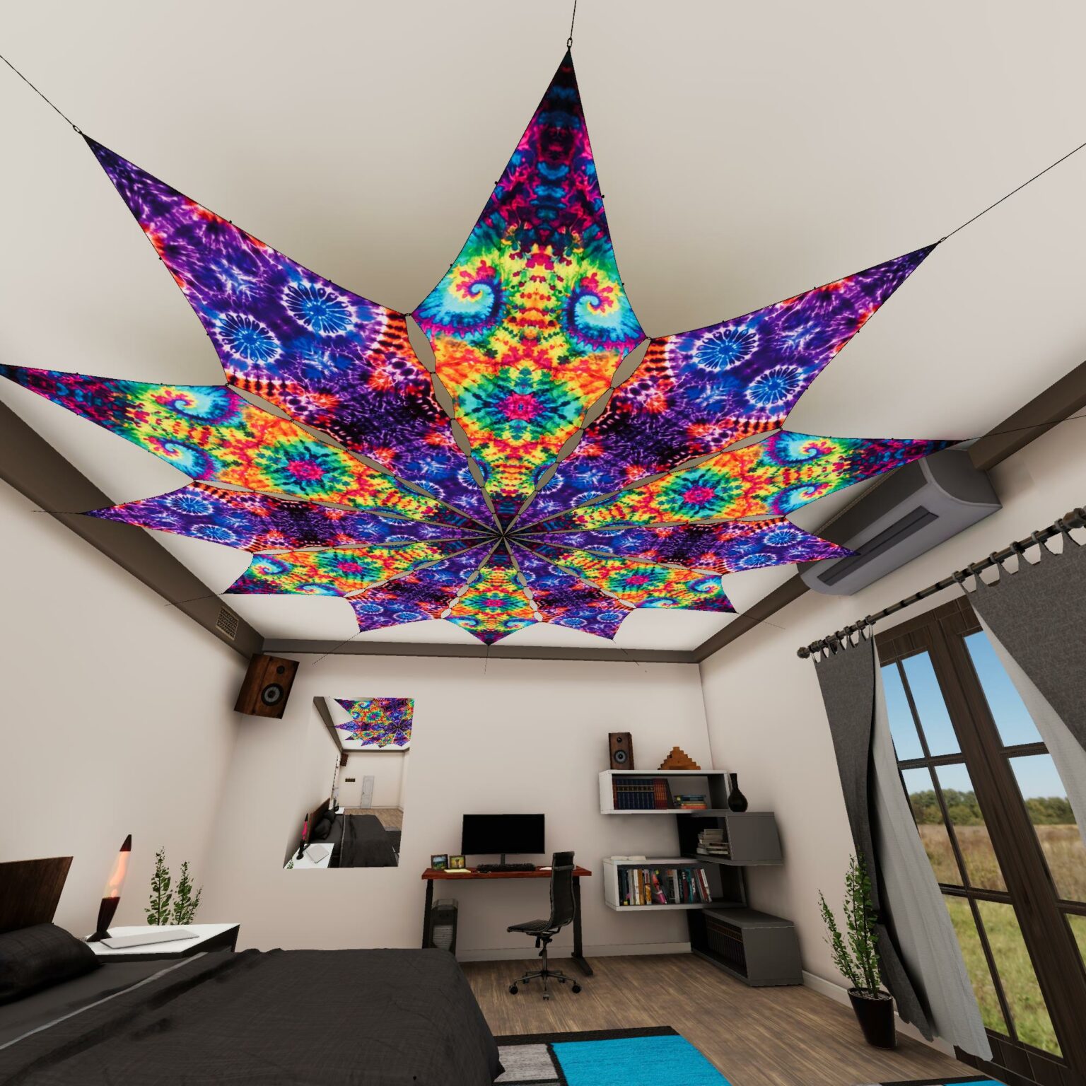 TD-PT01 and TD-PT01 - Tie-Dye Style Ceiling Decoration - 12 petals set - 3D-Preview Bedroom - Daylight