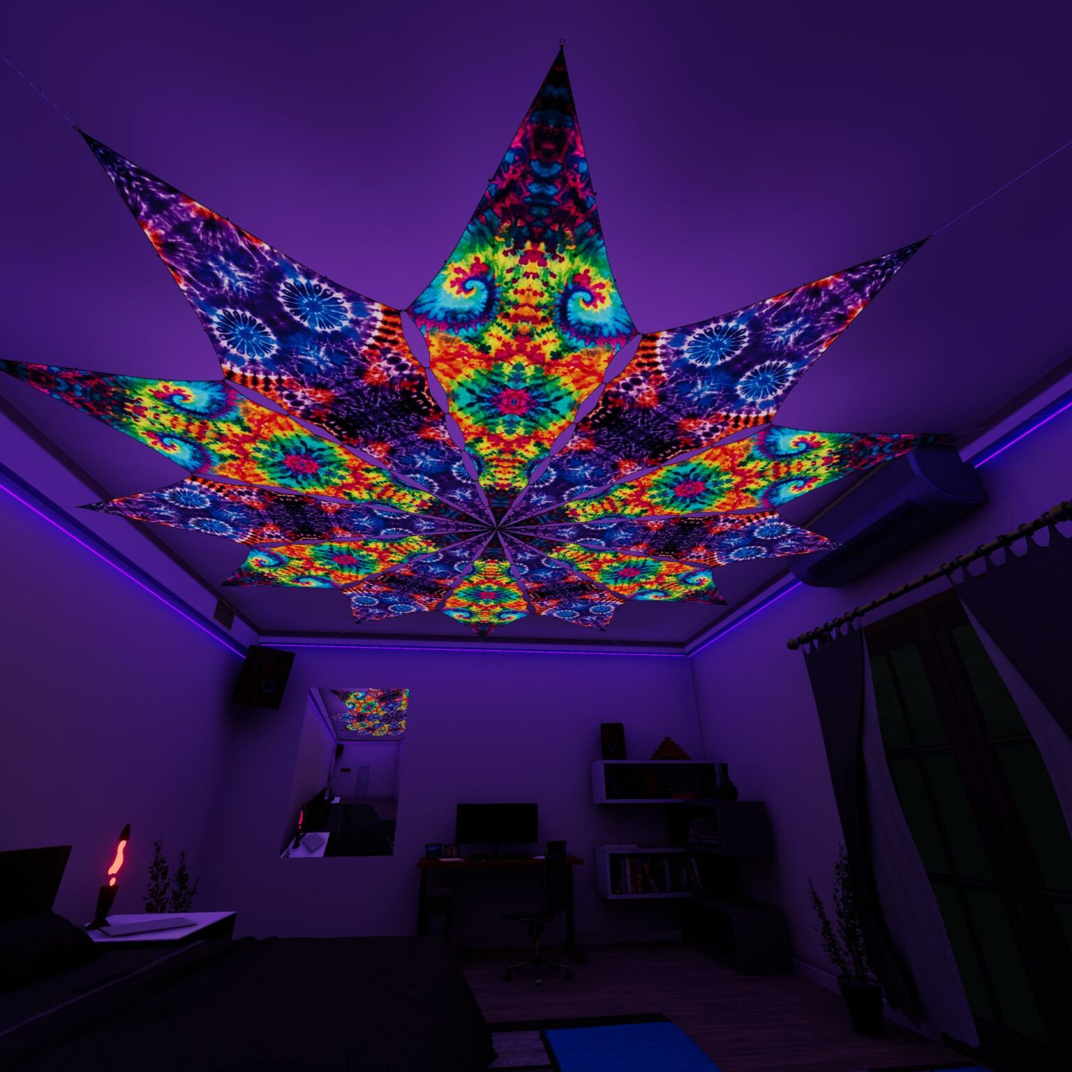 TD-PT01 and TD-PT01 - Tie-Dye Style Ceiling Decoration - 12 petals set - 3D-Preview Bedroom - UV-Light