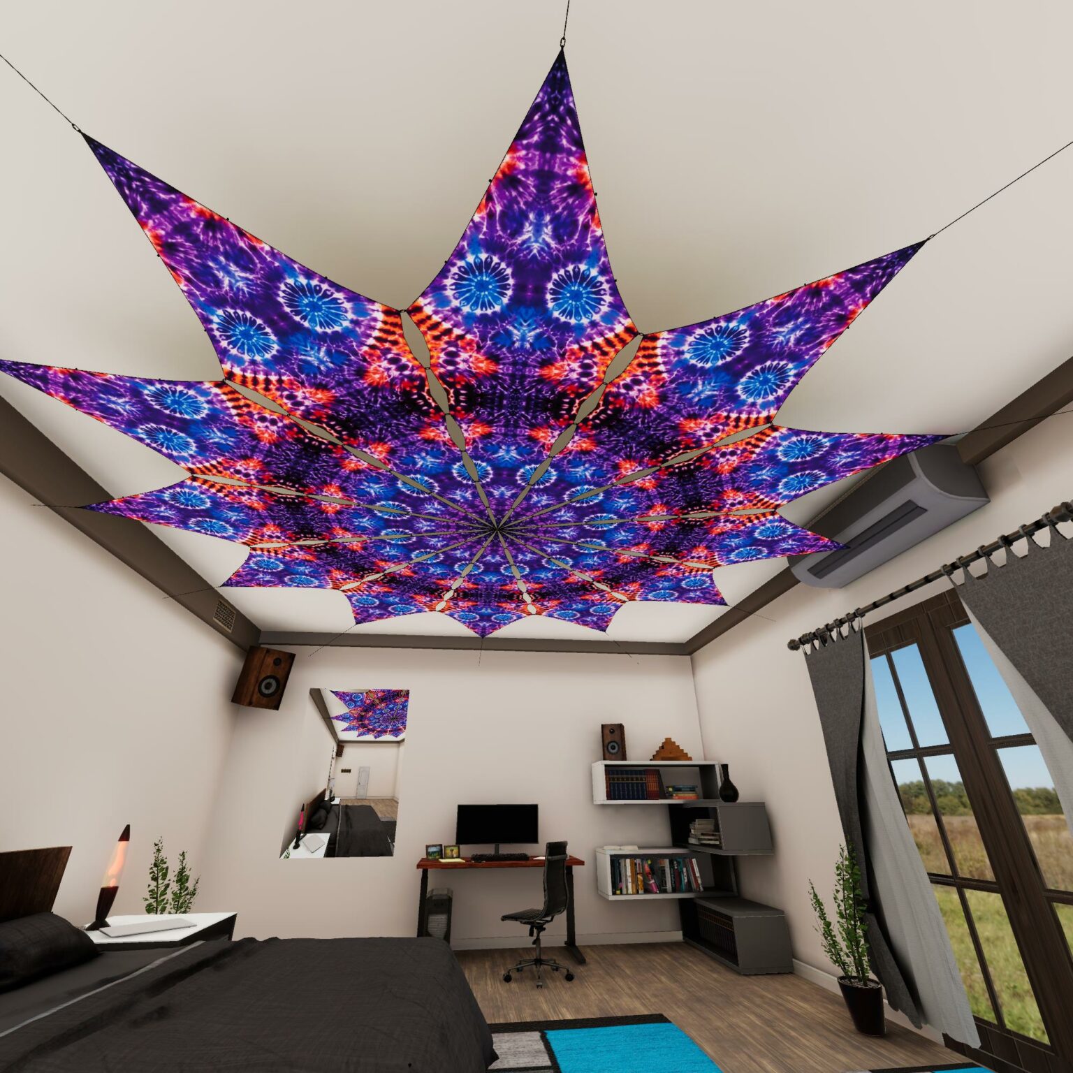 TD-PT02 - Tie-Dye Style Ceiling Decoration - 12 petals set - 3D-Preview Bedroom - Daylight