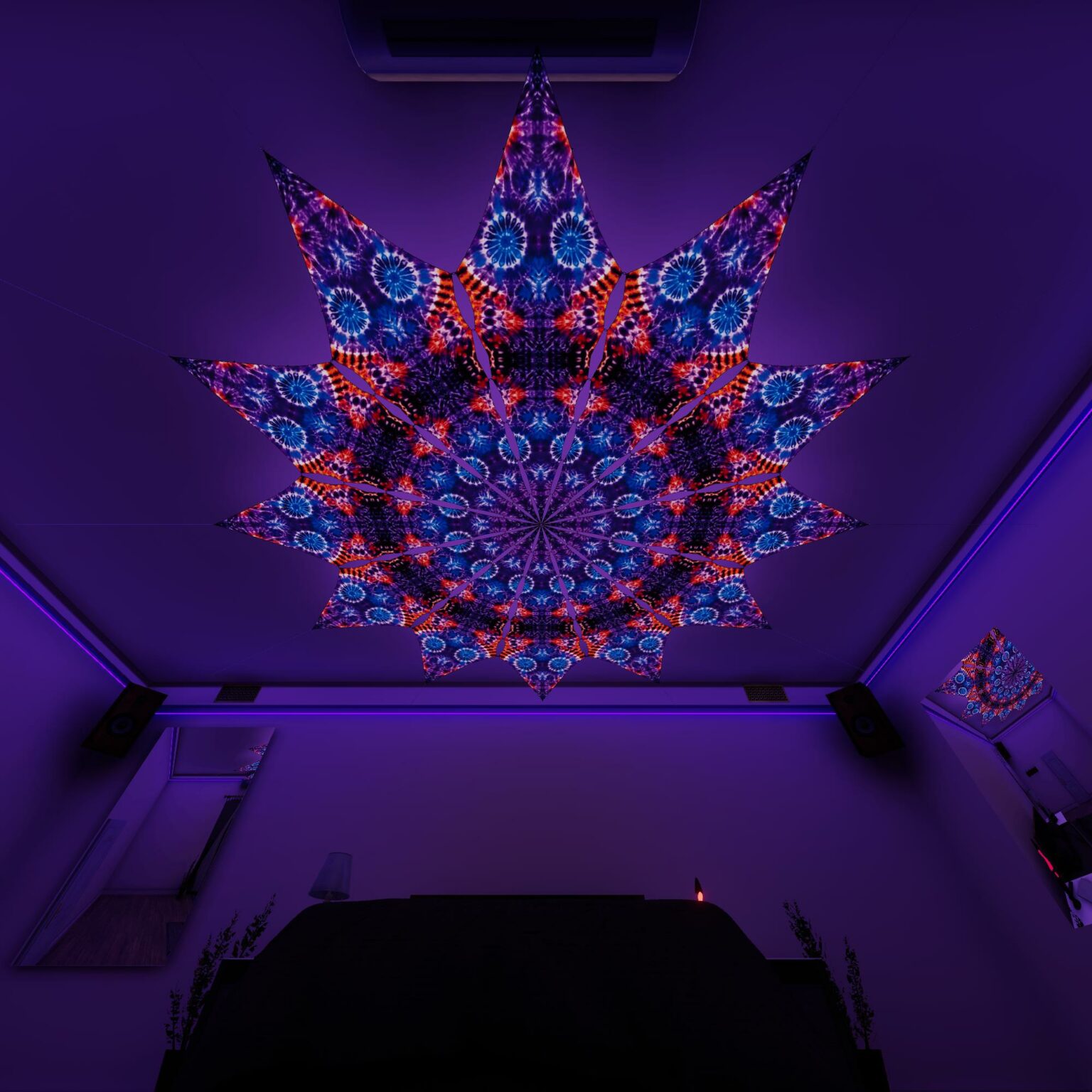TD-PT02 - Tie-Dye Style Ceiling Decoration - 12 petals set - 3D-Preview Bedroom - UV-Light