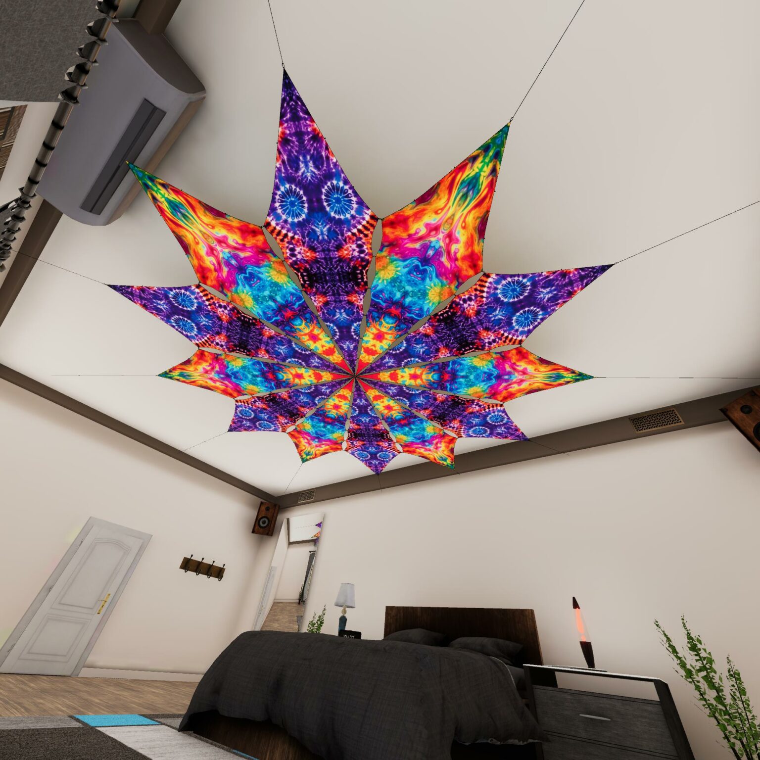 TD-PT02 and TD-PT03 - Tie-Dye Style Ceiling Decoration - 12 petals set - 3D-Preview Bedroom - Daylight