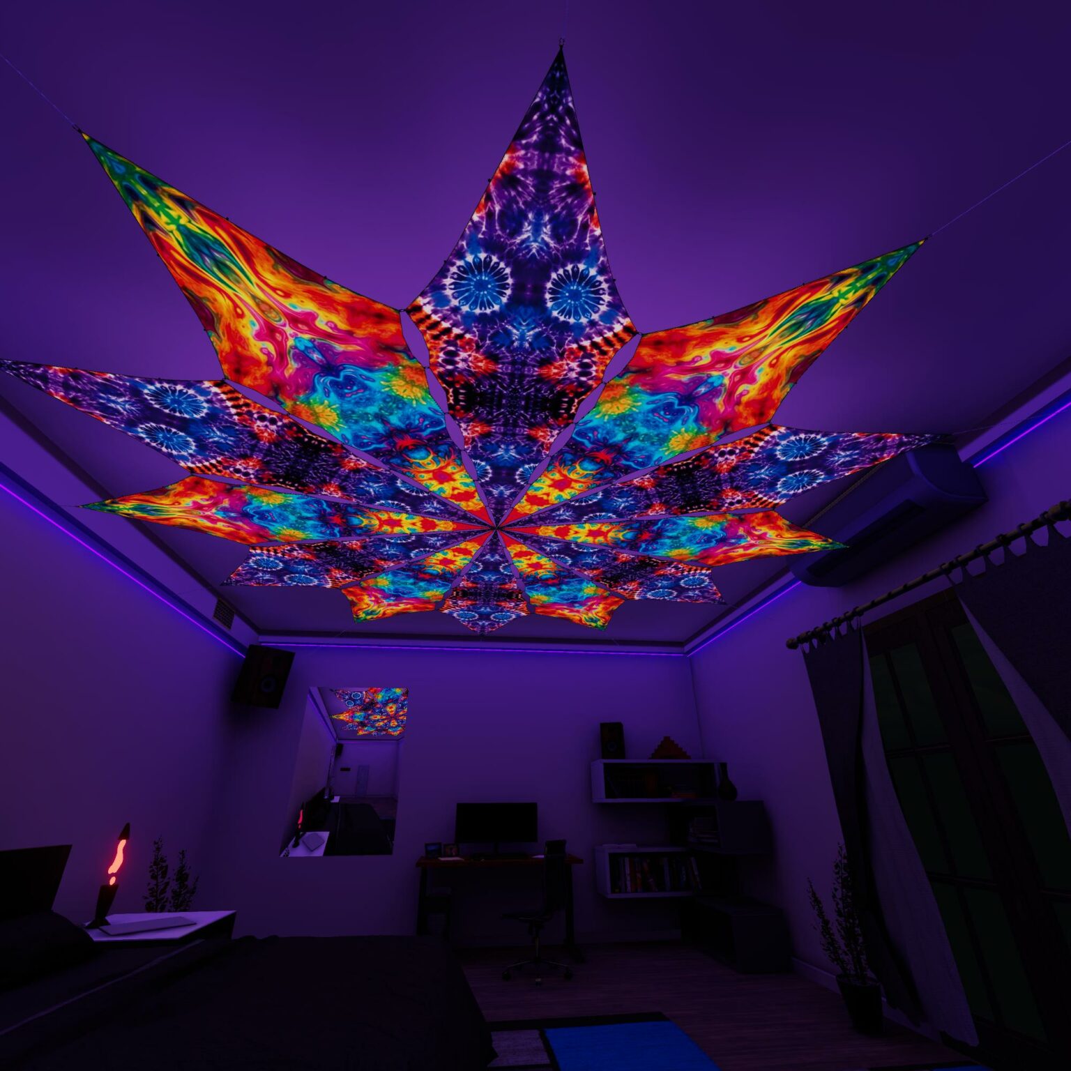 TD-PT02 and TD-PT03 - Tie-Dye Style Ceiling Decoration - 12 petals set - 3D-Preview Bedroom - UV-Light