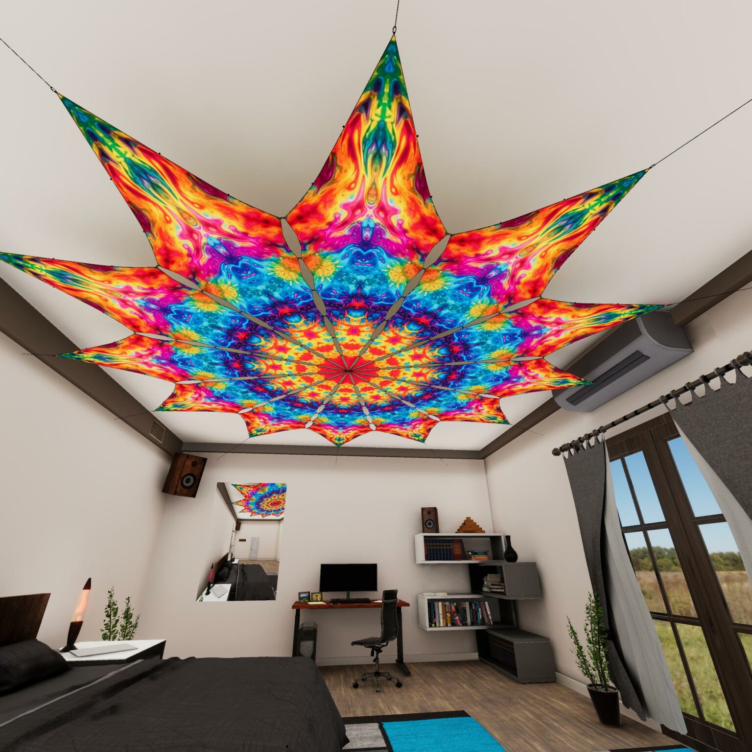 TD-PT03 - Tie-Dye Style Ceiling Decoration - 12 petals set - 3D-Preview Bedroom - Daylight