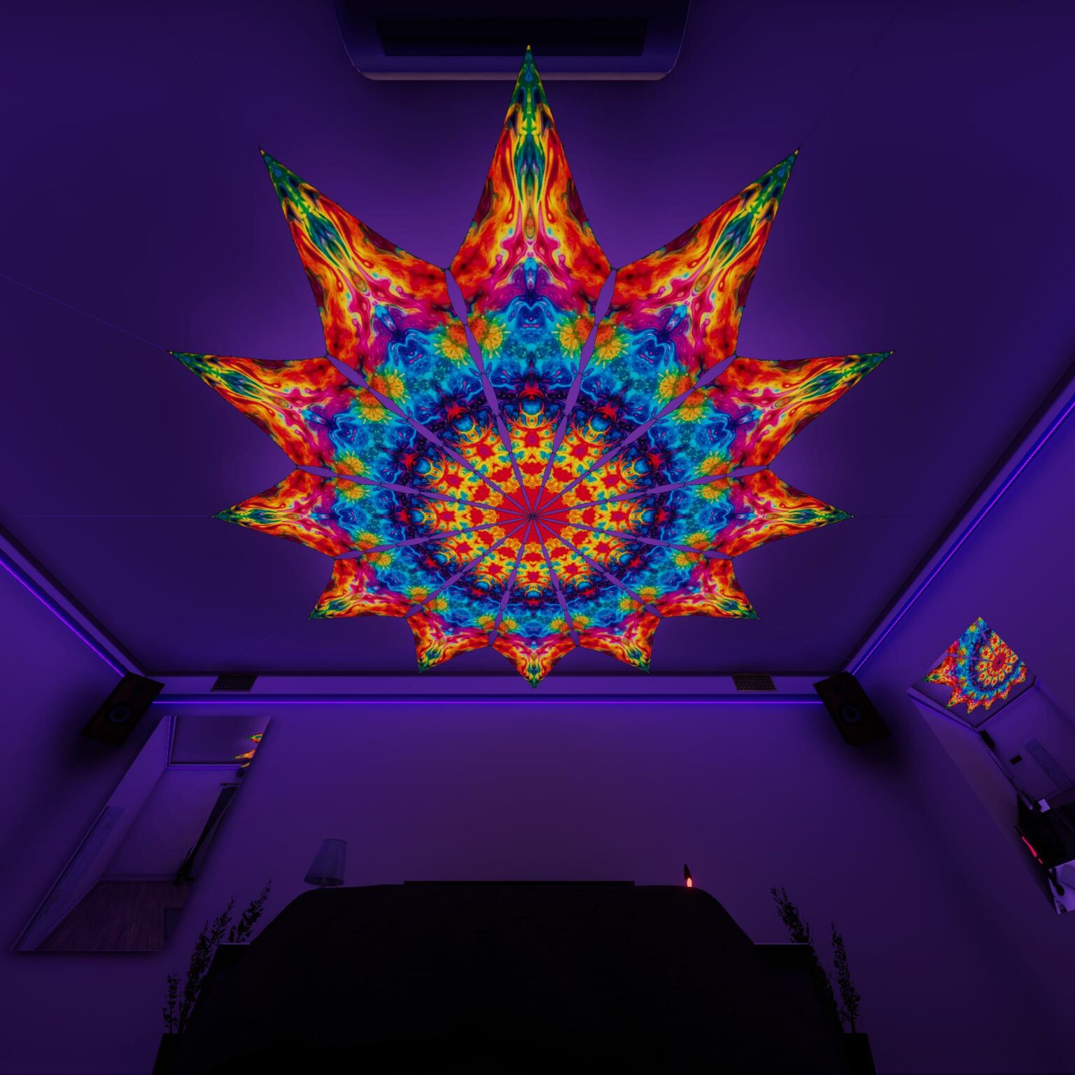 TD-PT03 - Tie-Dye Style Ceiling Decoration - 12 petals set - 3D-Preview Bedroom - UV-light