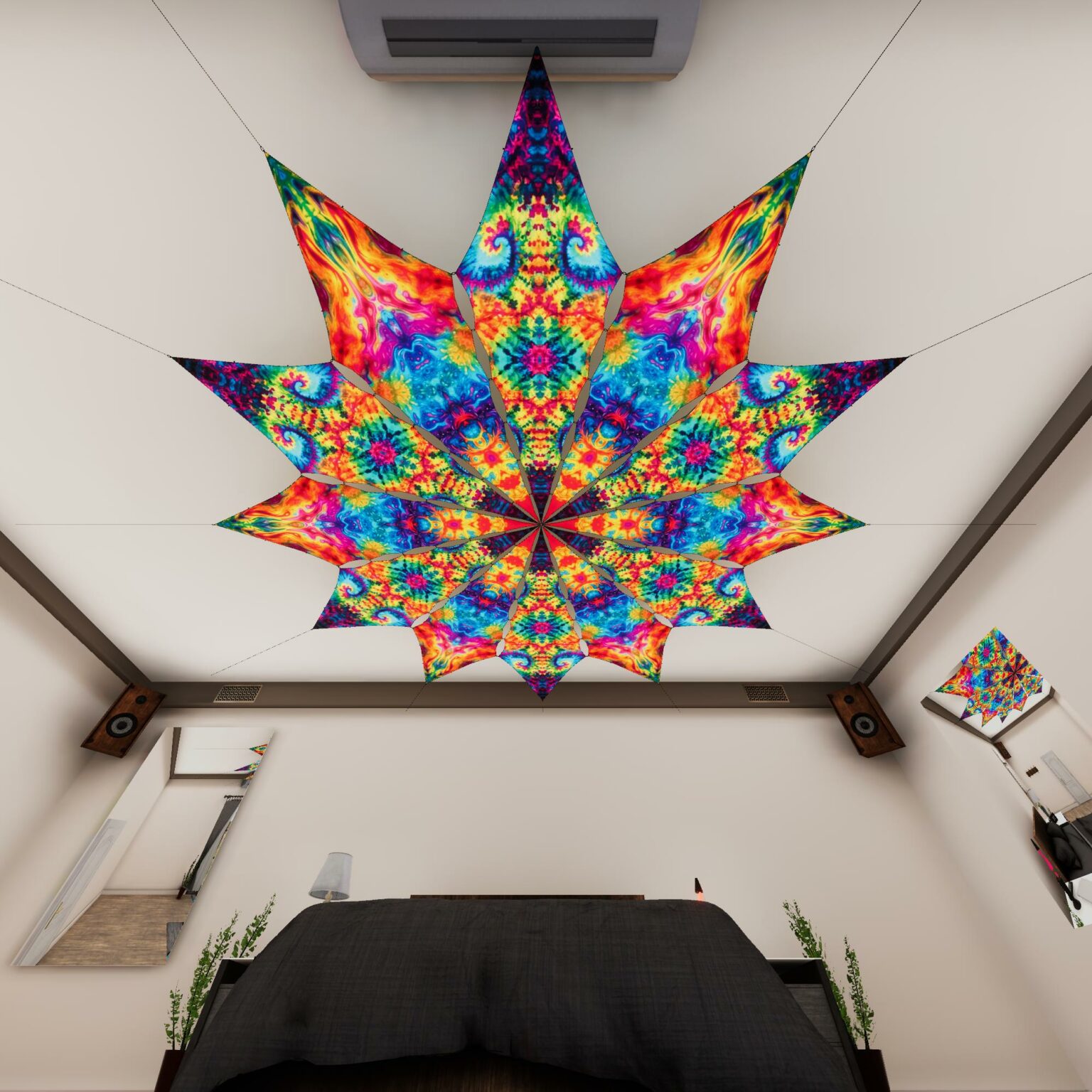 TD-PT03 and TD-PT01 - Tie-Dye Style Ceiling Decoration - 12 petals set - 3D-Preview Bedroom - Daylight